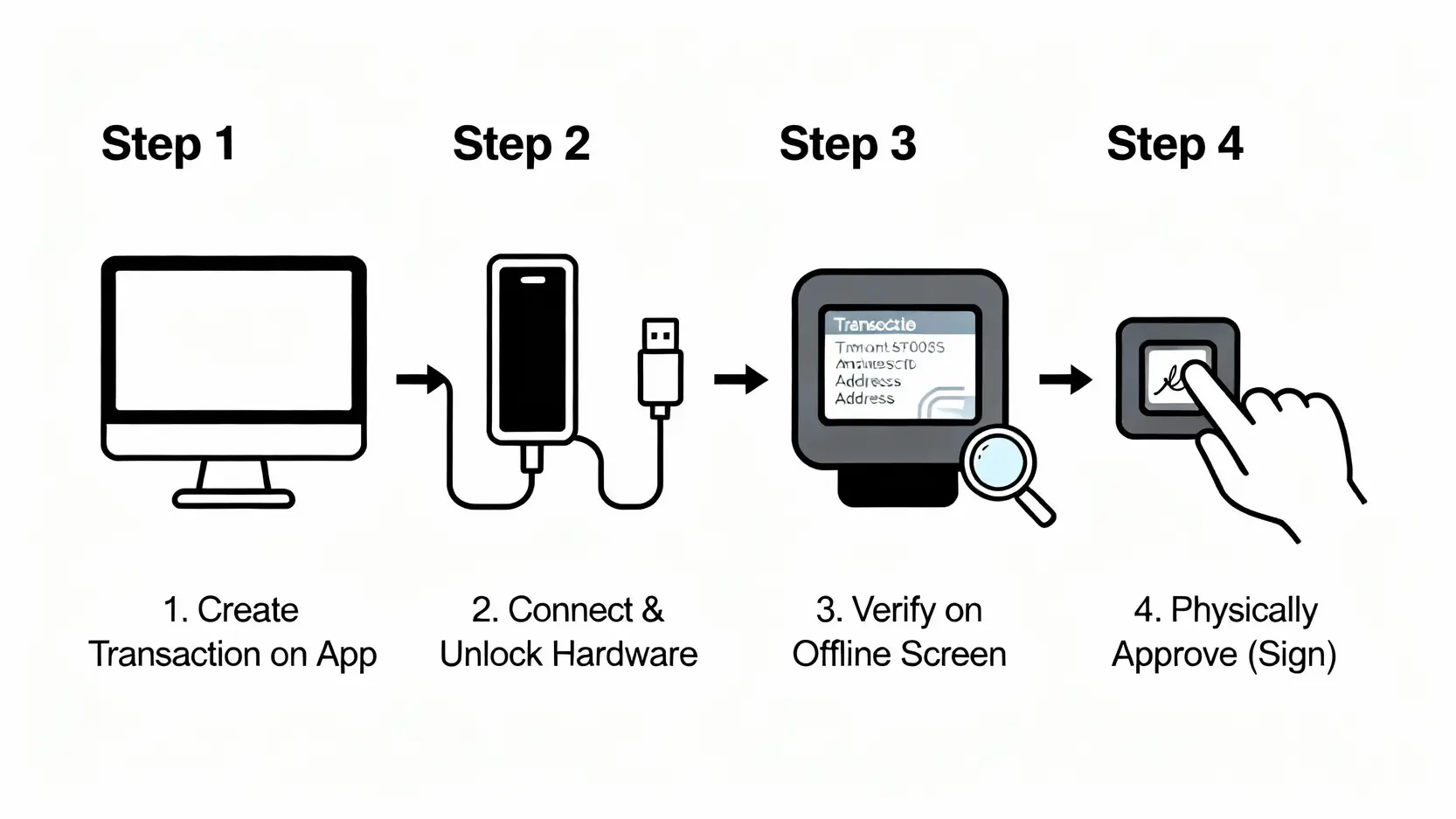 【冷錢包教學】從設定到轉帳5步驟,教你保護加密資產安全(含助記詞保存指南) 從冷錢包發送資產的安全流程圖,包含在App創建交易、連接硬體、在離線螢幕上驗證、最後物理按鈕確認簽名四個步驟。