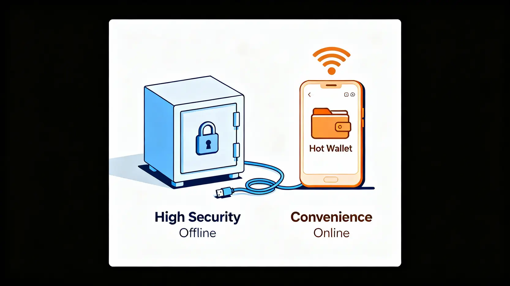 【冷錢包教學】從設定到轉帳5步驟,教你保護加密資產安全(含助記詞保存指南) 冷錢包與熱錢包的比較圖,冷錢包是一個離線的實體保險庫,安全性高;熱錢包是一個連網的手機App,便利性高。