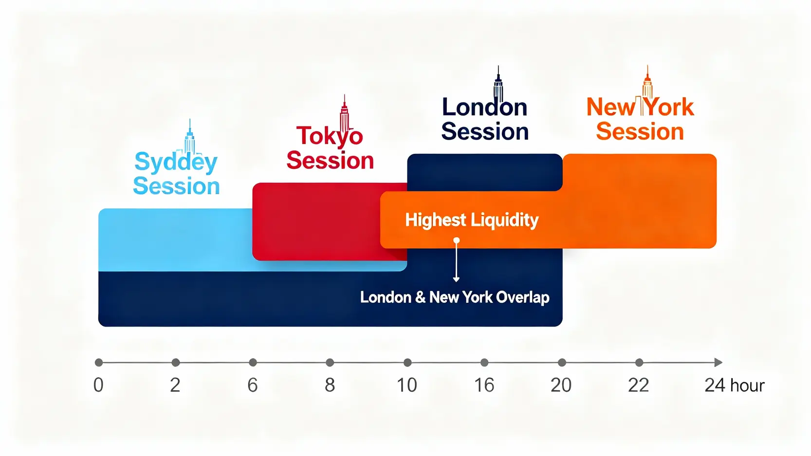 【外匯交易入門】外匯是什麼?5種外匯投資方式與開戶教學懶人包 外匯市場24小時交易時間圖,顯示雪梨、東京、倫敦和紐約盤的重疊時段。