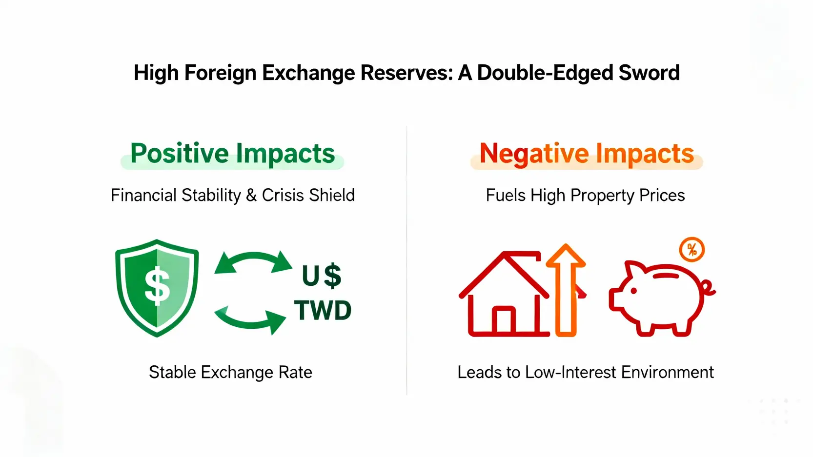 台灣外匯存底排名揭曉:世界第四是好事嗎?一文看懂關鍵影響 一張對比圖,左右兩邊分別列出高外匯存底的正面影響(如穩定匯率)與負面影響(如助長高房價)。