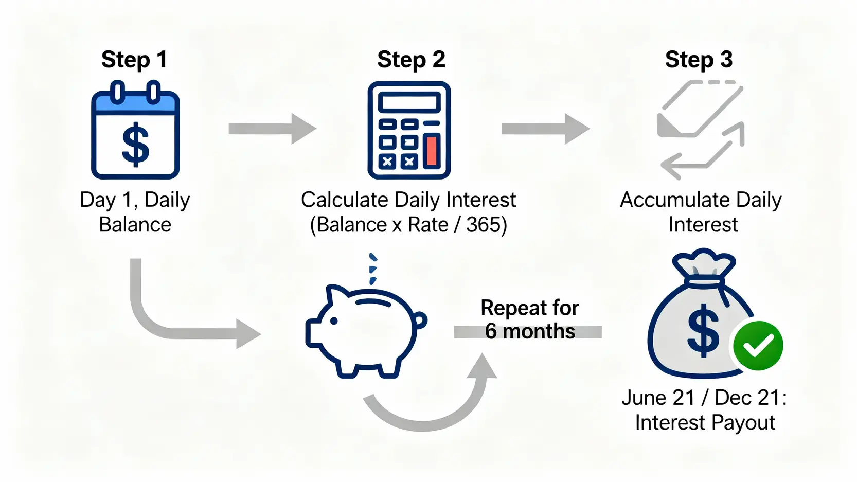 銀行利息計算完全指南:存款利息計算公式、活存/定存一篇搞懂 活存利息計算流程圖,展示了從每日計息、利息累積到每半年結算發放的完整步驟。