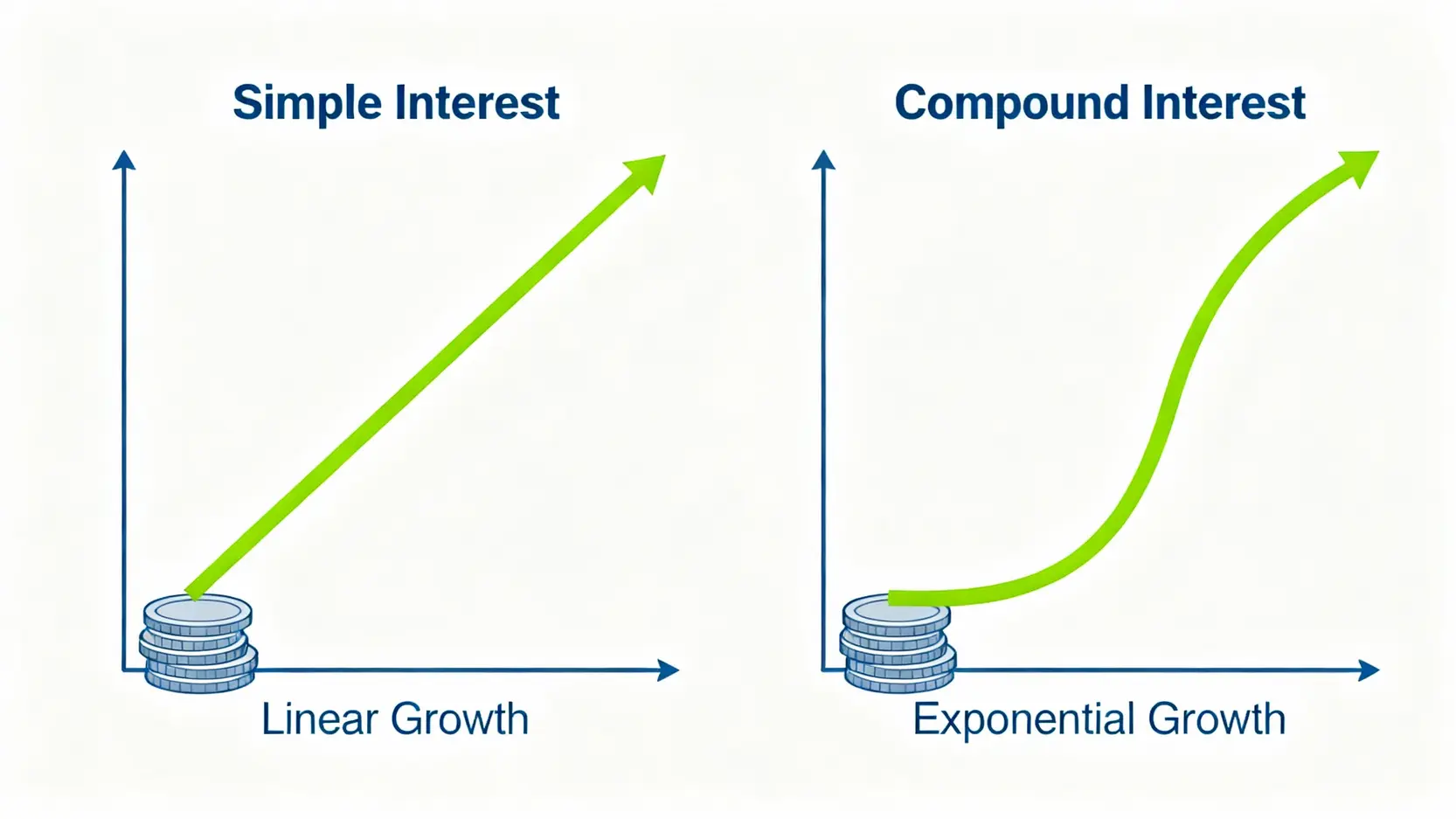 銀行利息計算完全指南:存款利息計算公式、活存/定存一篇搞懂 單利與複利增長曲線對比圖,顯示單利為線性增長,複利為指數增長,長期下來複利收益遠高於單利。
