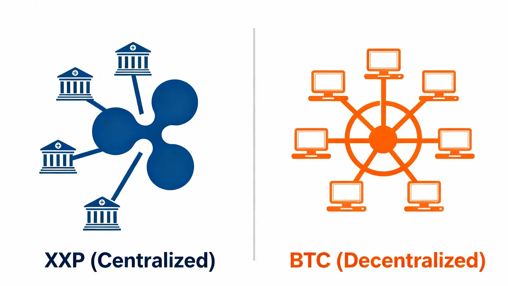 瑞波幣(XRP)是什麼?一篇看懂運作原理、未來潛力與5大投資風險 瑞波幣的中心化結構與比特幣的去中心化網絡對比圖
