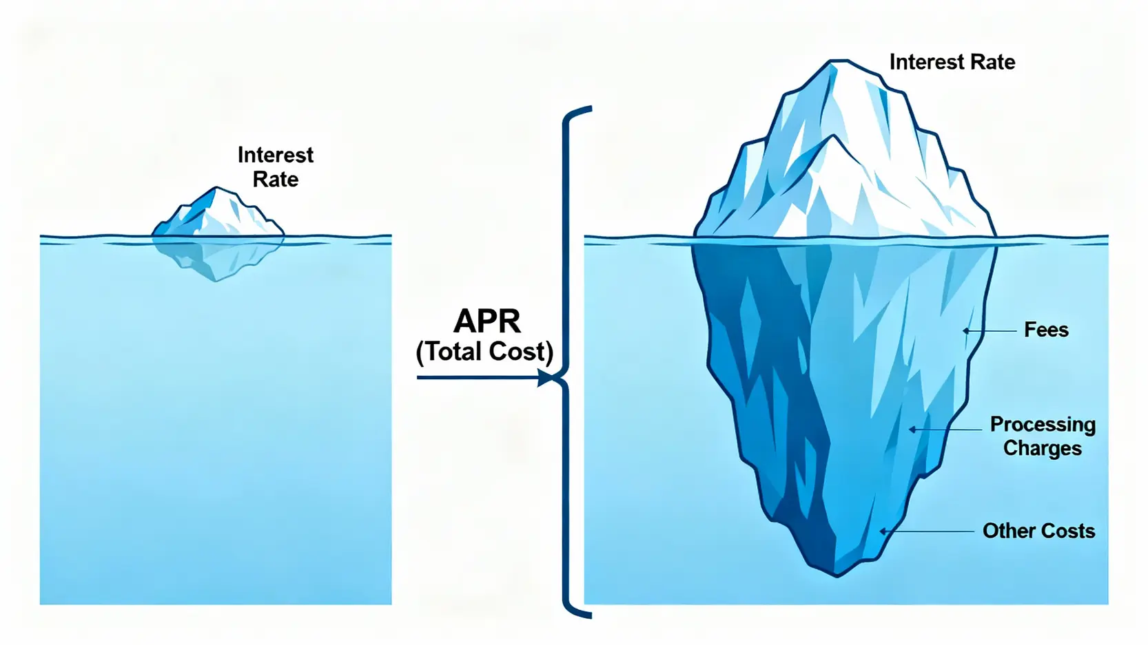 利息英文、利率英文、本金英文一次搞懂!APR是什麼?(附實用例句) 一張比較利率 (Interest Rate) 與總費用年百分率 (APR) 差異的冰山圖。