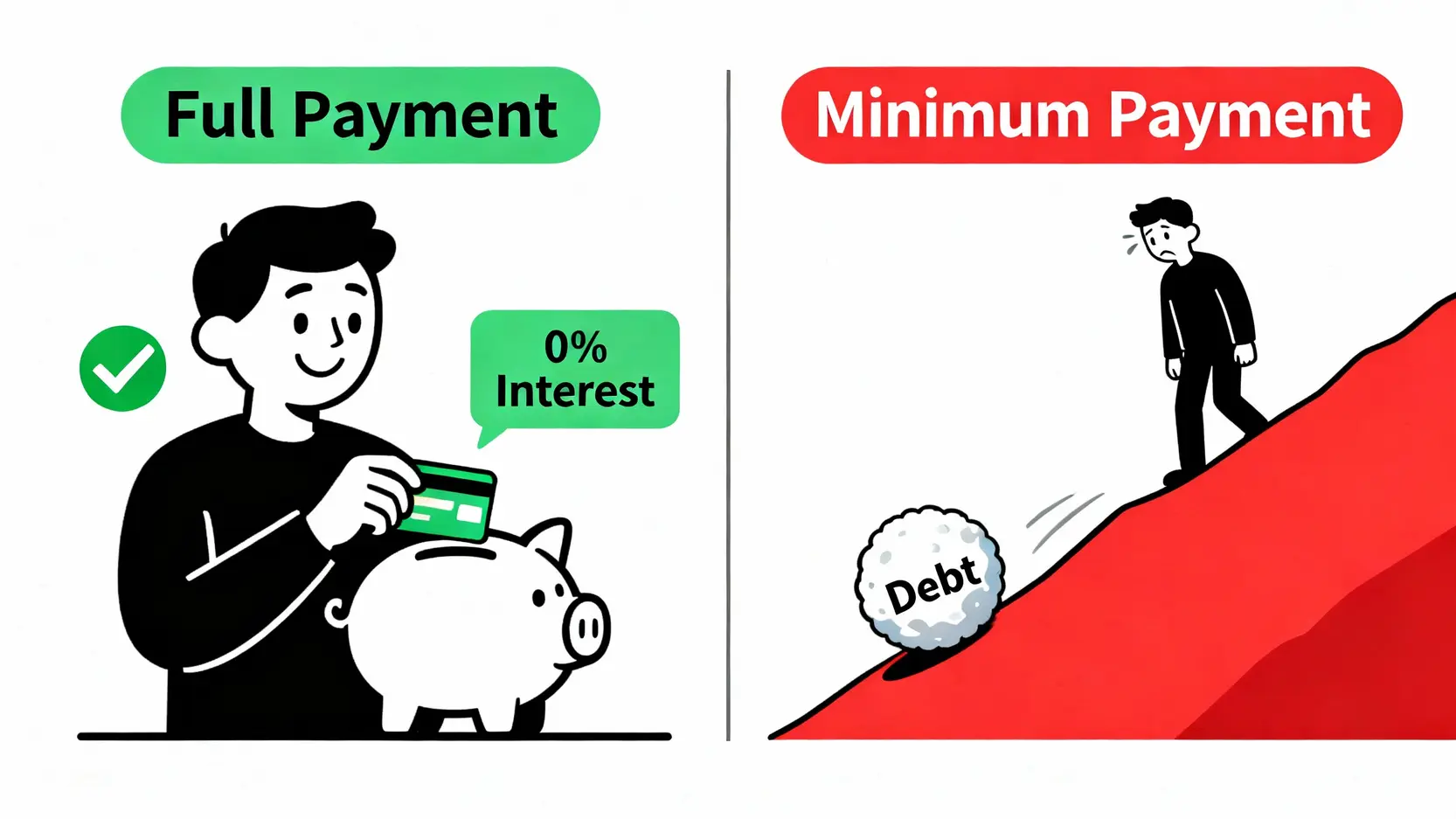 【循環利息完整指南】信用卡循環利息是什麼?一篇搞懂計算、預借現金與避坑方法 全額繳款與只繳最低應繳金額的後果對比圖