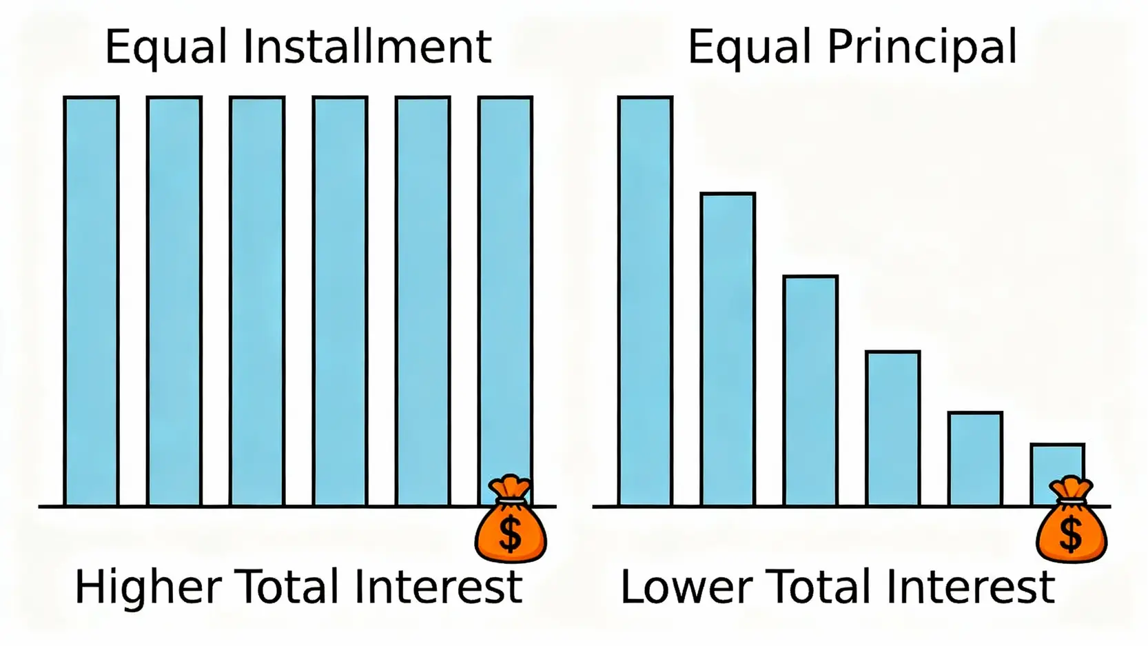 利息試算懶人包:貸款與定存公式教學,線上工具一篇搞懂! 本息平均攤還與本金平均攤還的比較圖,顯示每月還款金額的變化與總利息的差異。