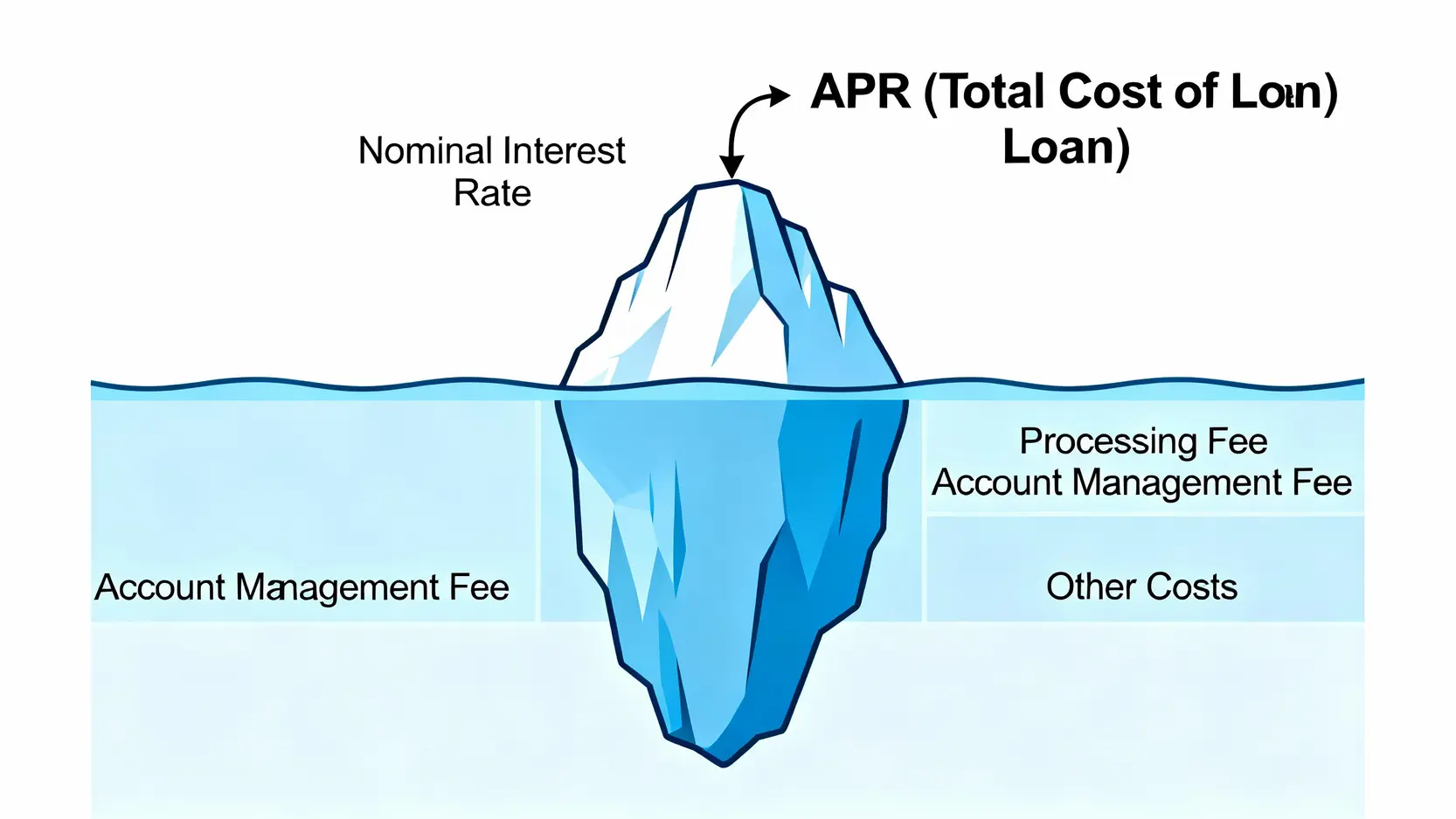 利息試算懶人包:貸款與定存公式教學,線上工具一篇搞懂! 總費用年百分率(APR)的冰山示意圖,解釋APR包含名目利率以及各種隱藏費用。