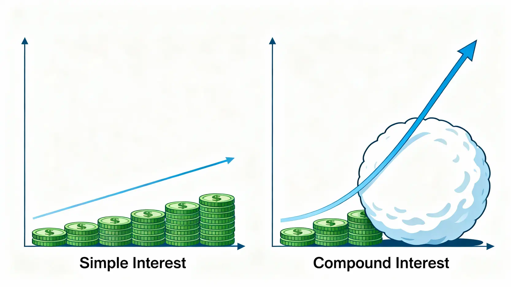 利息試算懶人包:貸款與定存公式教學,線上工具一篇搞懂! 單利與複利增長曲線對比圖,顯示複利長期下來的指數級增長效果。