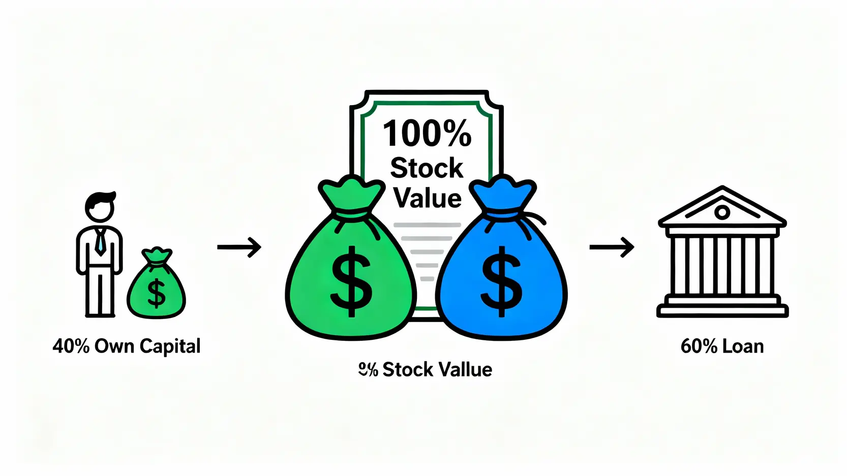 融資融券利息全解析:股票質押/借券利率比較,4大槓桿成本一次看懂 融資買股流程示意圖,顯示投資人支付40%自備款,券商借出60%資金,共同購買100%的股票。