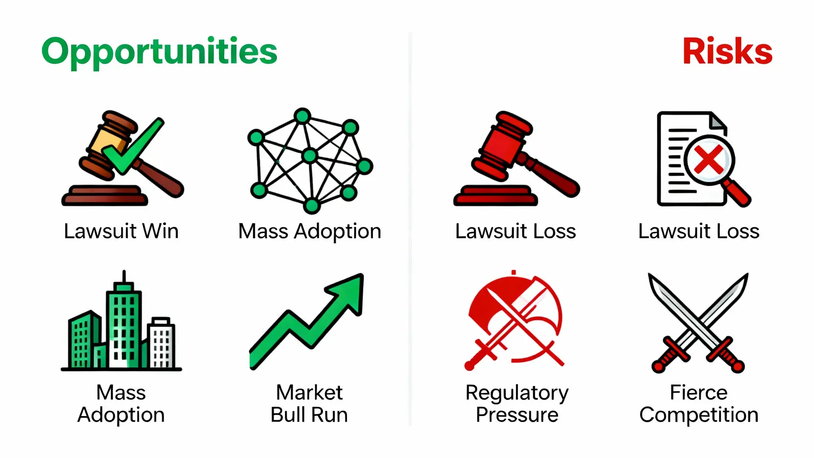 瑞波幣價格預測2026:XRP走勢全方位分析,一篇看懂K線、歷史與未來潛力 投資瑞波幣(XRP)的機遇與風險對比圖,左邊是官司勝訴、大規模採用等機遇,右邊是官司敗訴、監管壓力等風險。
