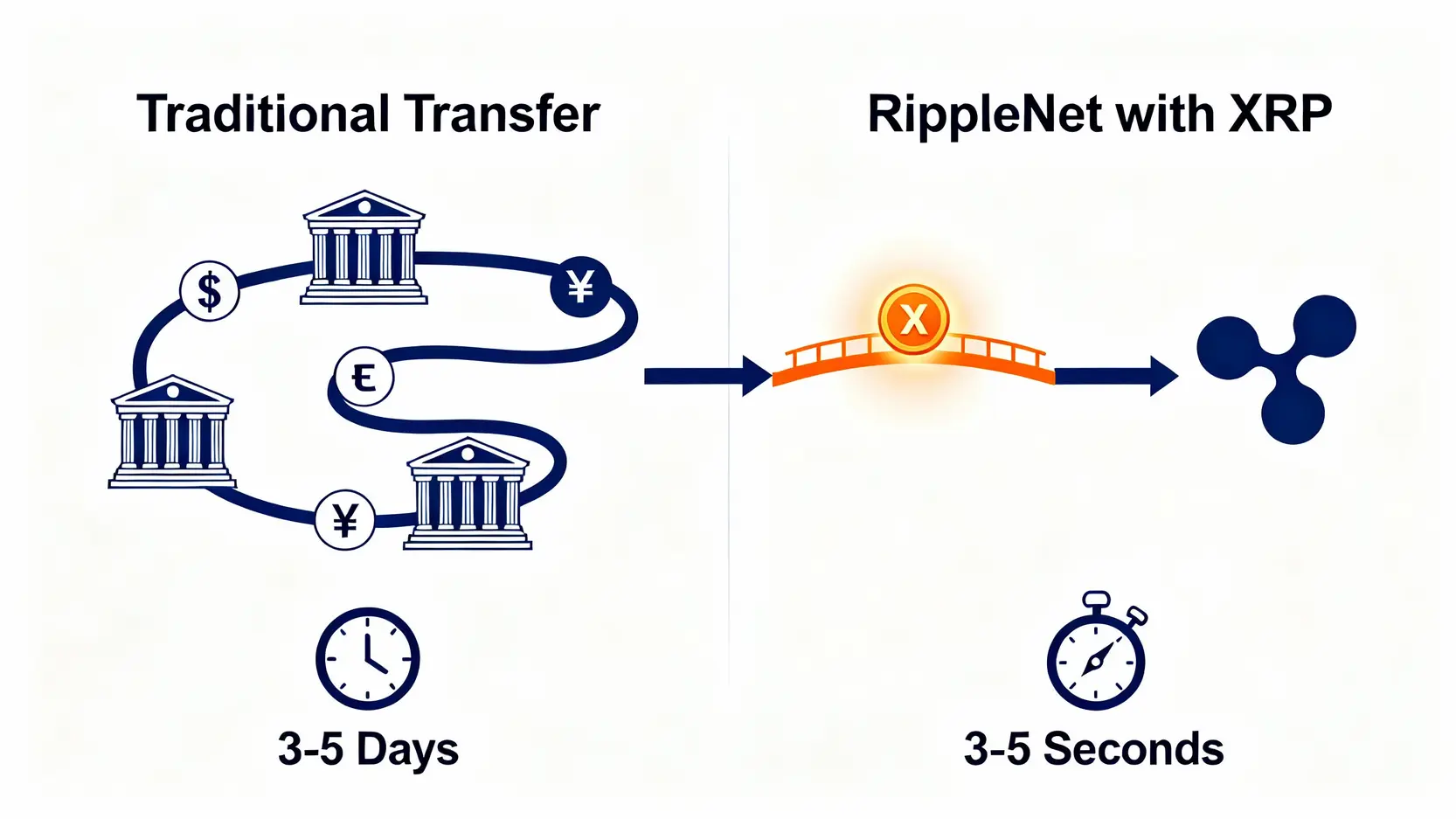 瑞波幣價格預測2026:XRP走勢全方位分析,一篇看懂K線、歷史與未來潛力 傳統跨境匯款與使用瑞波幣(XRP)的RippleNet匯款流程對比圖,突顯XRP作為橋樑貨幣的速度優勢。
