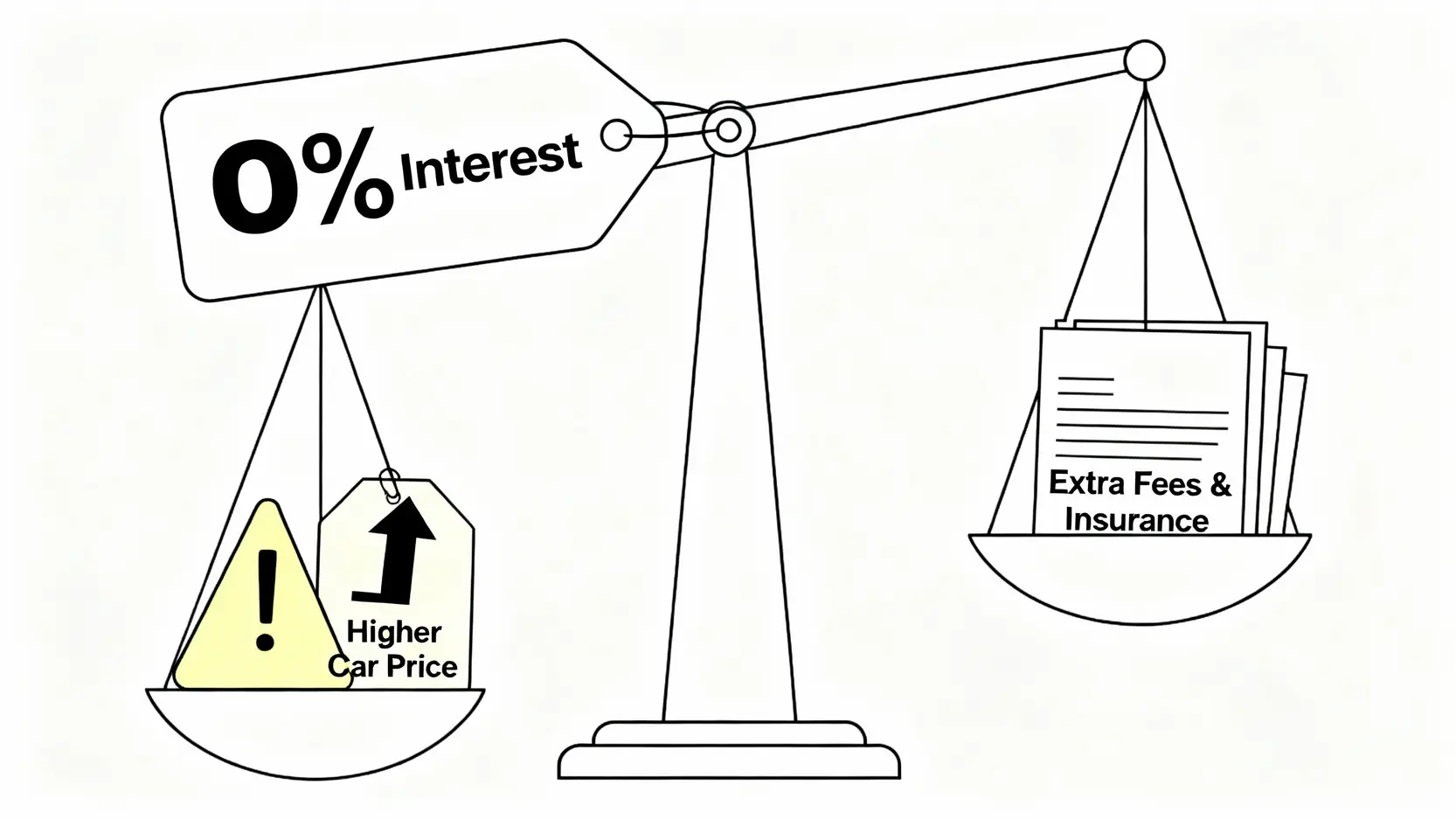 2026貸款利息總整理:信貸、車貸、學貸利率怎麼算?5分鐘學會試算 0利率車貸的真相示意圖,顯示利息成本轉嫁到更高的車價或額外費用上。