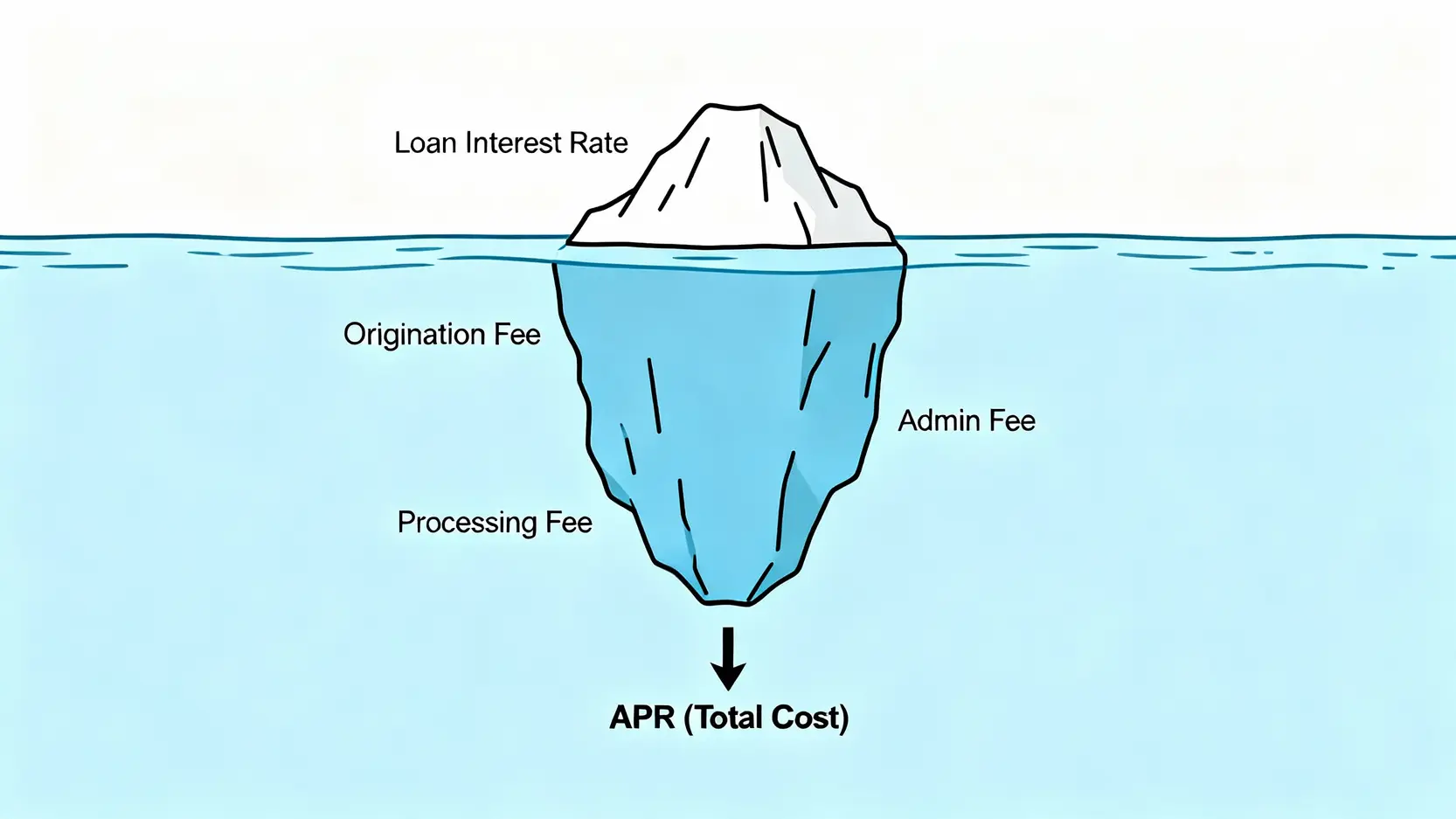 2026貸款利息總整理:信貸、車貸、學貸利率怎麼算?5分鐘學會試算 總費用年百分率(APR)與貸款利率的冰山示意圖,解釋APR包含所有隱藏費用。