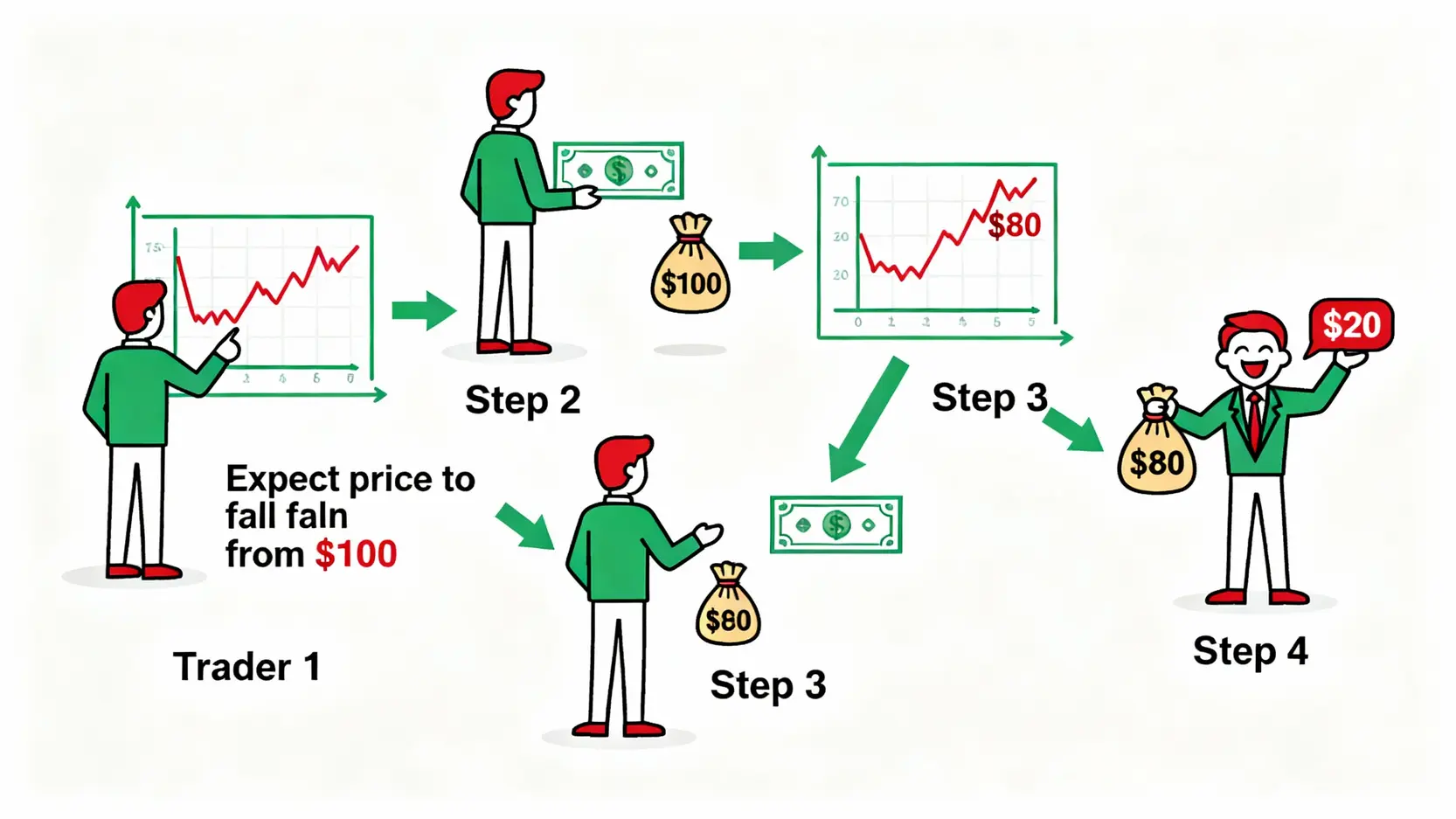平盤下放空懶人包:放空意思、禁止規定與保證金計算一次看懂 做空(融券)交易流程圖,展示投資人如何透過預期股價下跌、先賣後買來賺取價差。