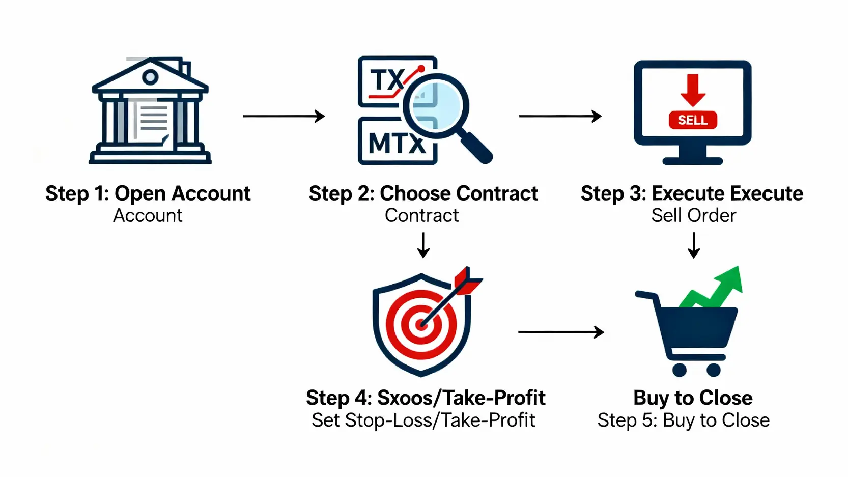 期貨如何做空?台指期放空下單教學,5步驟從入門到精通 期貨放空下單的五個步驟流程圖,從開戶到回補平倉。