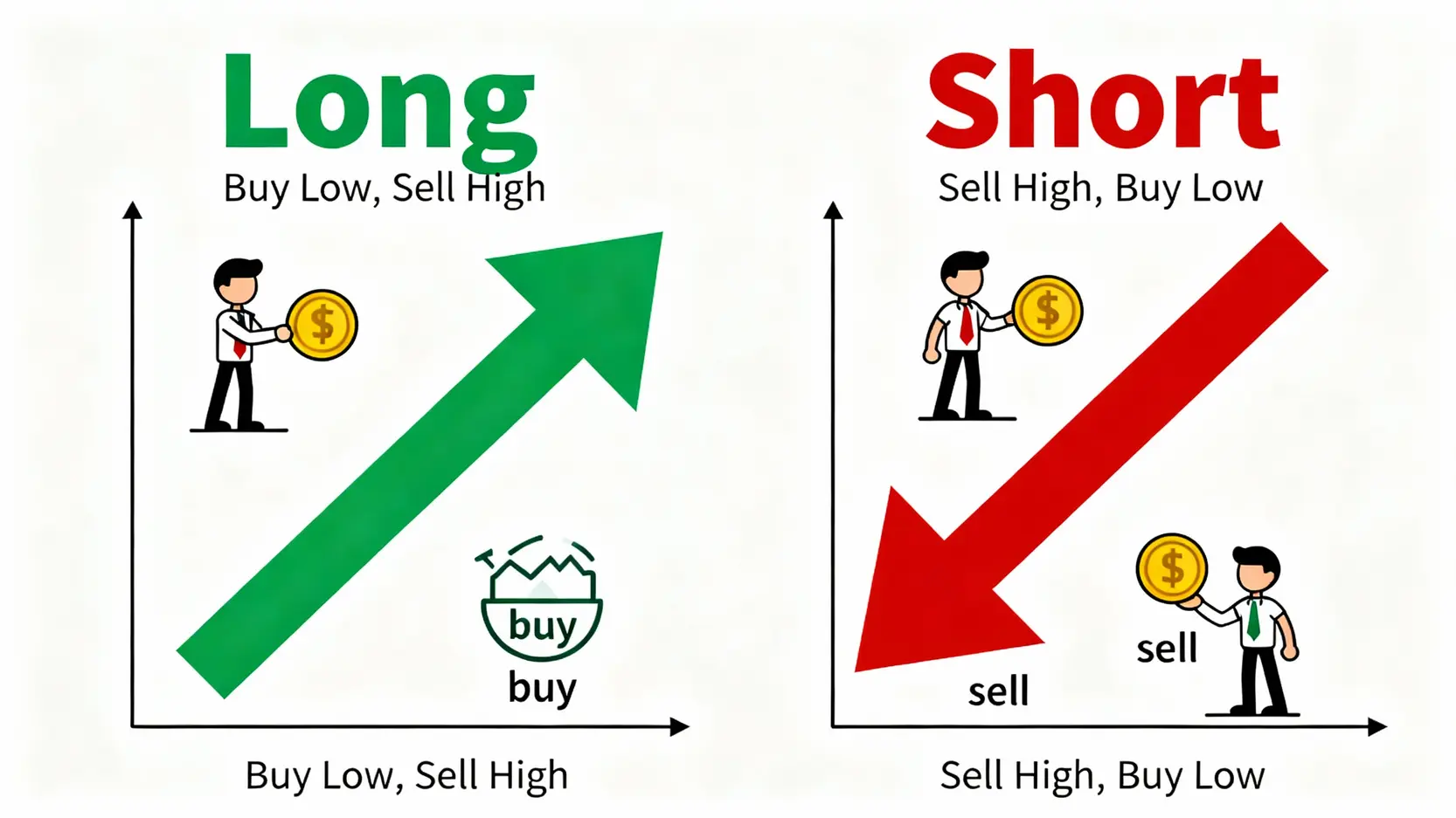 【幣安做空教學】比特幣下跌照樣賺?5步驟學會加密貨幣放空策略 做多與做空策略對比圖,顯示了看漲與看跌的不同操作方向。