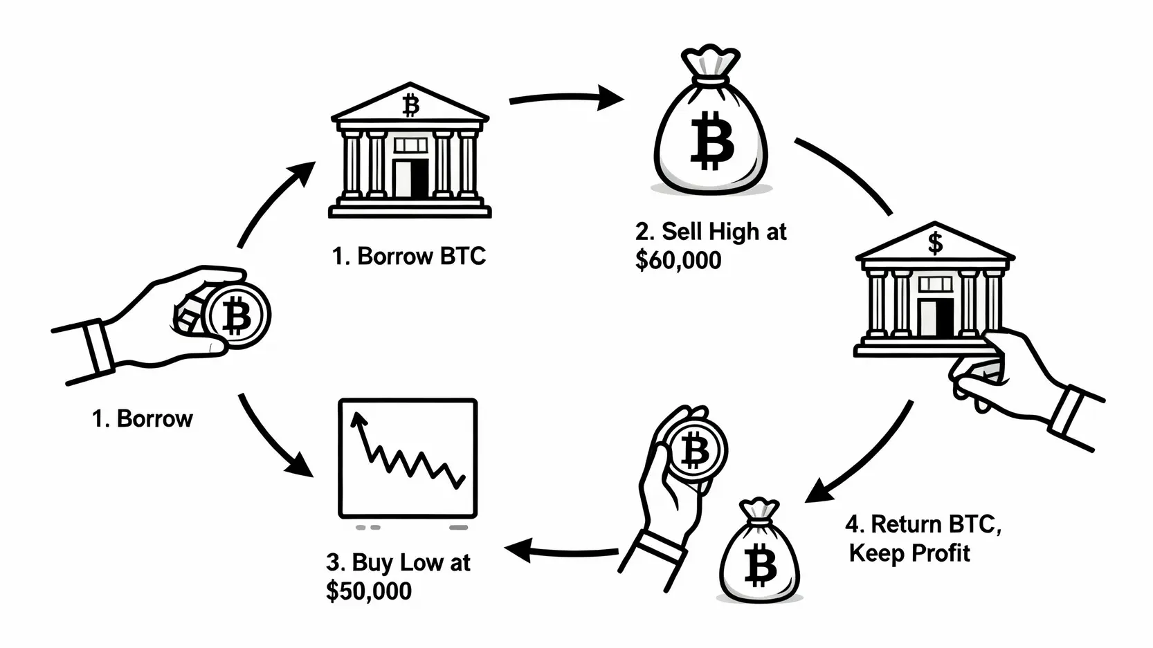 【幣安做空教學】比特幣下跌照樣賺?5步驟學會加密貨幣放空策略 做空原理四步驟示意圖:借幣、高價賣出、低價買回、還幣賺差價。