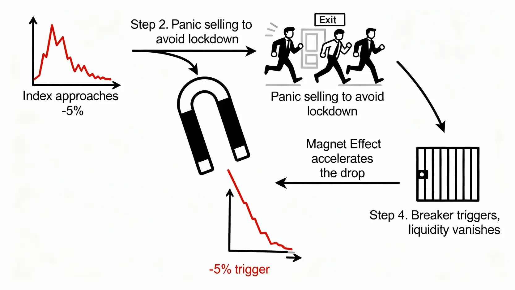 香港熔斷機制VS中國A股悲劇:一篇看懂觸發條件與投資影響 說明中國A股熔斷機制失敗的流程圖,展示了磁吸效應如何引發恐慌性拋售並加速市場下跌。
