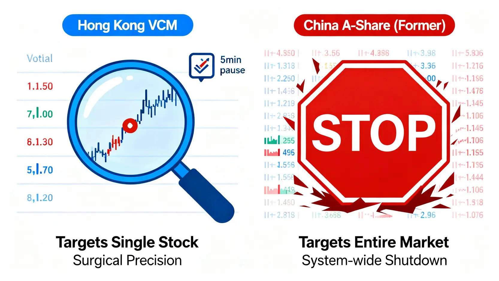 香港熔斷機制VS中國A股悲劇:一篇看懂觸發條件與投資影響 香港VCM與中國A股熔斷機制的對比圖,顯示香港只針對個股冷靜,而A股是整個市場暫停。