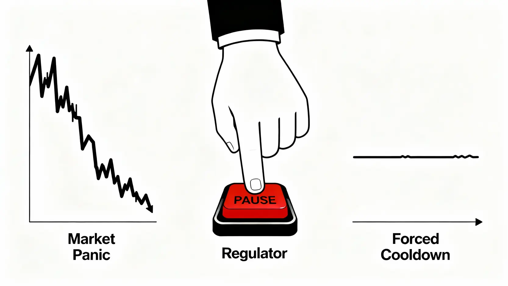 香港熔斷機制VS中國A股悲劇:一篇看懂觸發條件與投資影響 一張示意圖解釋股市熔斷機制,顯示一隻手按下暫停按鈕來阻止下跌的股市圖表。