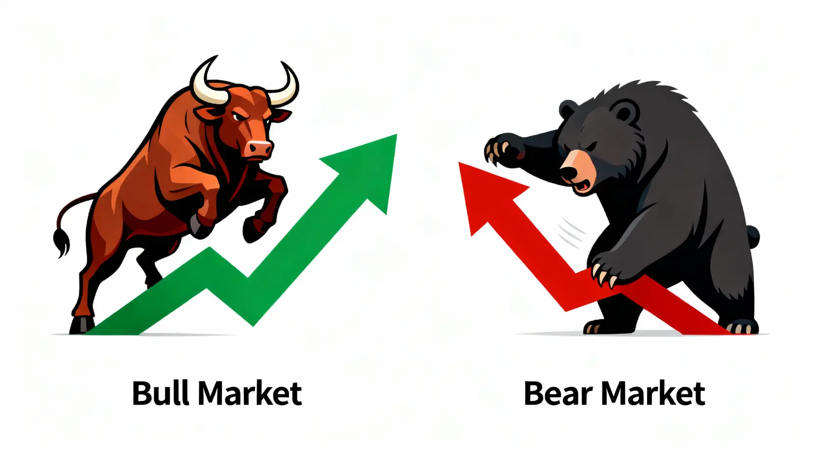 搞懂熔斷機制英文(Circuit Breaker),停牌、牛熊市等10大美股術語全攻略 牛市與熊市的概念對比圖,左邊是一隻向上衝的牛伴隨綠色上漲箭頭,右邊是一隻向下撲的熊伴隨紅色下跌箭頭。