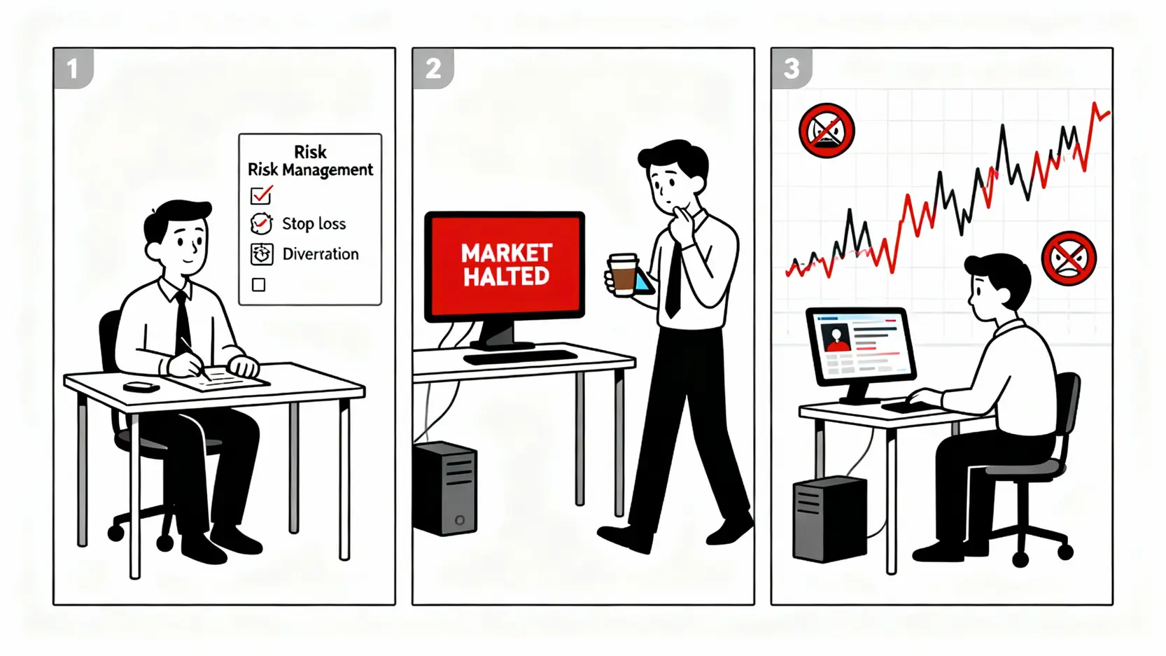 期貨熔斷是什麼?最新熔斷條件、觸發機制與應對策略全解析 投資人應對市場熔斷的三個階段:事前準備、熔斷期間的冷靜分析、以及恢復交易後的紀律執行。