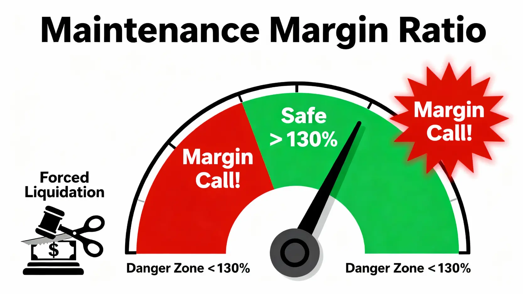 何謂買空賣空?一篇看懂融資融券、信用交易與操作風險 擔保維持率儀表板,顯示當比率低於130%時將觸發追繳通知與斷頭風險。