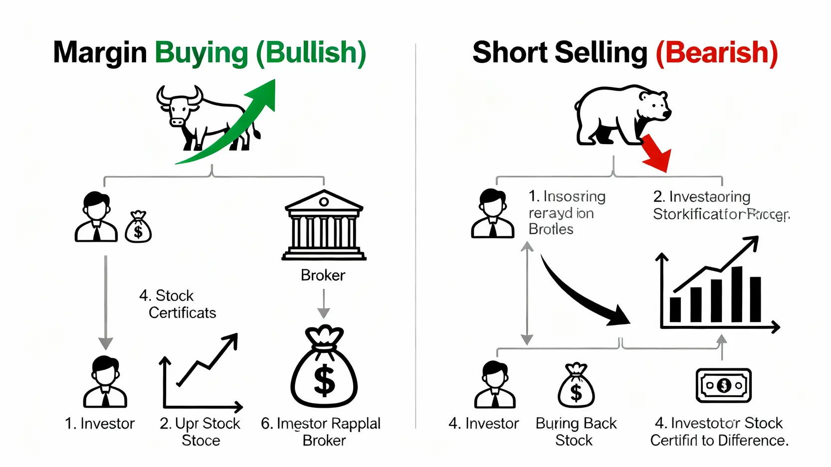何謂買空賣空?一篇看懂融資融券、信用交易與操作風險 融資買空與融券賣空的操作流程對比圖,解釋看漲與看跌的不同策略。