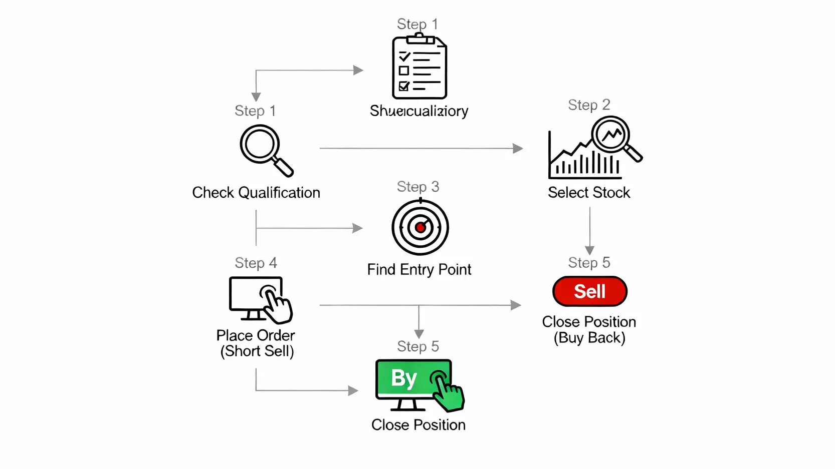 當沖放空技巧懶人包:5步驟學會「先賣後買」,股市下跌照樣賺! 當沖放空實戰五步驟流程圖,從確認資格到回補下單的完整過程。