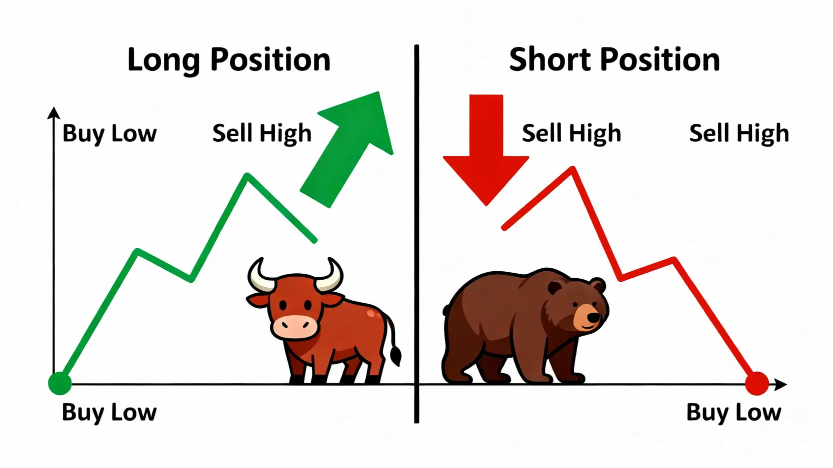 當沖放空技巧懶人包:5步驟學會「先賣後買」,股市下跌照樣賺! 做多與做空操作的對比圖,展示先買後賣與先賣後買的獲利模式差異。