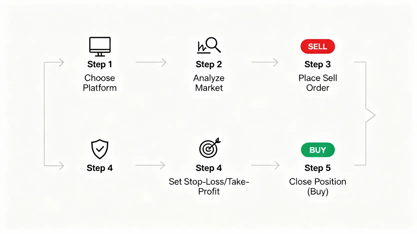外匯做空教學:從入門到實踐做空美元、人民幣獲利策略 外匯做空五步驟流程圖,包含選擇平台、分析市場、下達賣單、設定停損停利、以及平倉獲利。