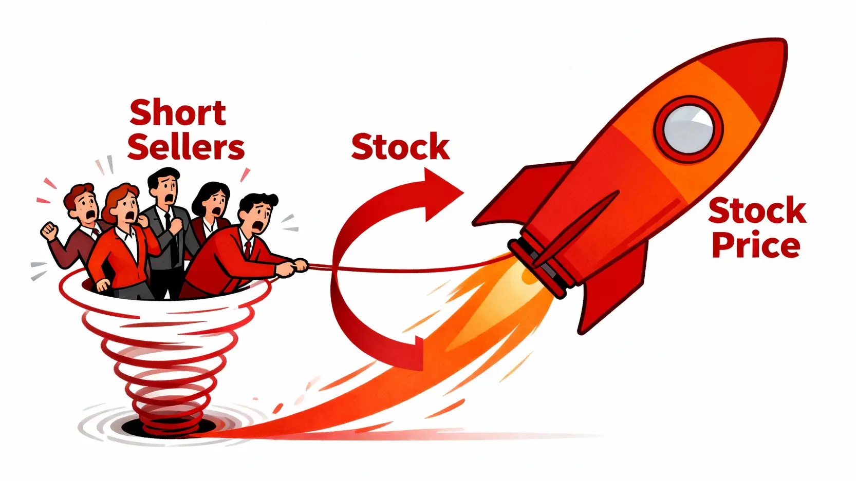 做空是什麼?一篇搞懂放空原理、操作教學與3大風險 軋空風險概念圖,展示了股價火箭般上漲,迫使做空者買入股票,進而形成燃料,進一步推升股價的惡性循環。