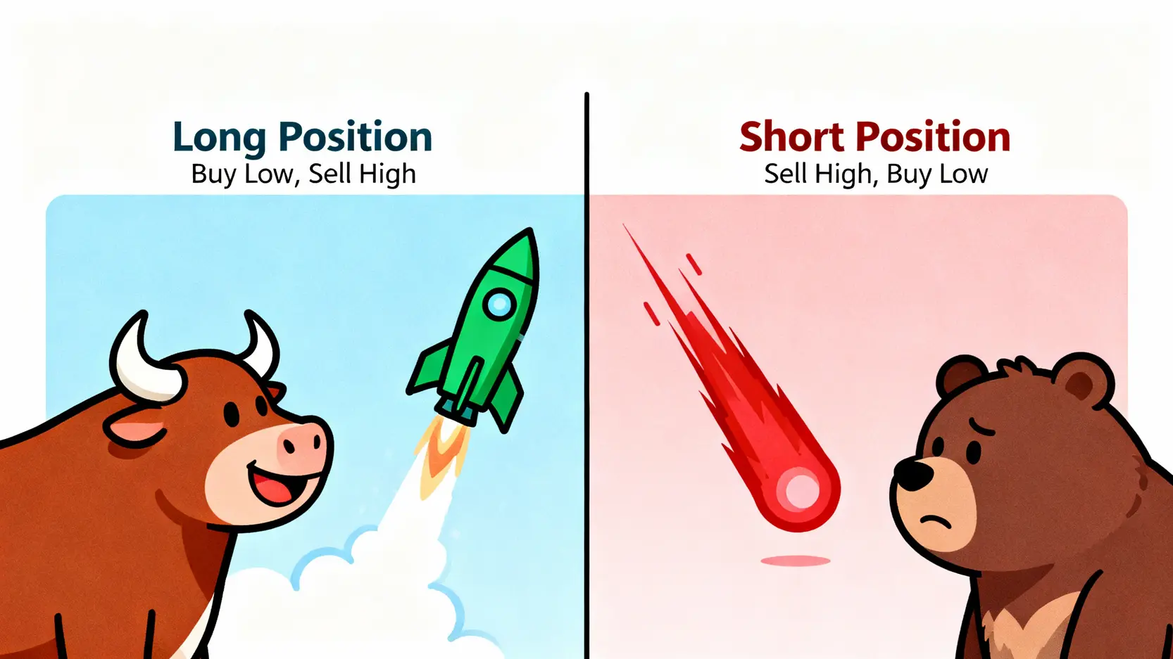 台股做空終極指南:融券、現股放空是什麼?5步驟搞懂股票放空操作 做多與做空的比較圖,左邊是代表看漲的牛市與火箭,右邊是代表看跌的熊市與隕石。