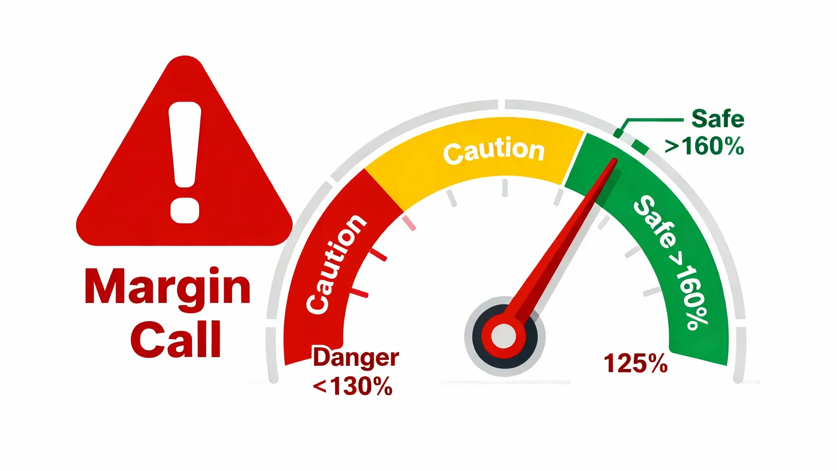 台股做空終極指南:融券、現股放空是什麼?5步驟搞懂股票放空操作 融券維持率風險示意圖,一個儀表板指針掉入低於130%的危險紅色區域,並觸發追繳通知警示。