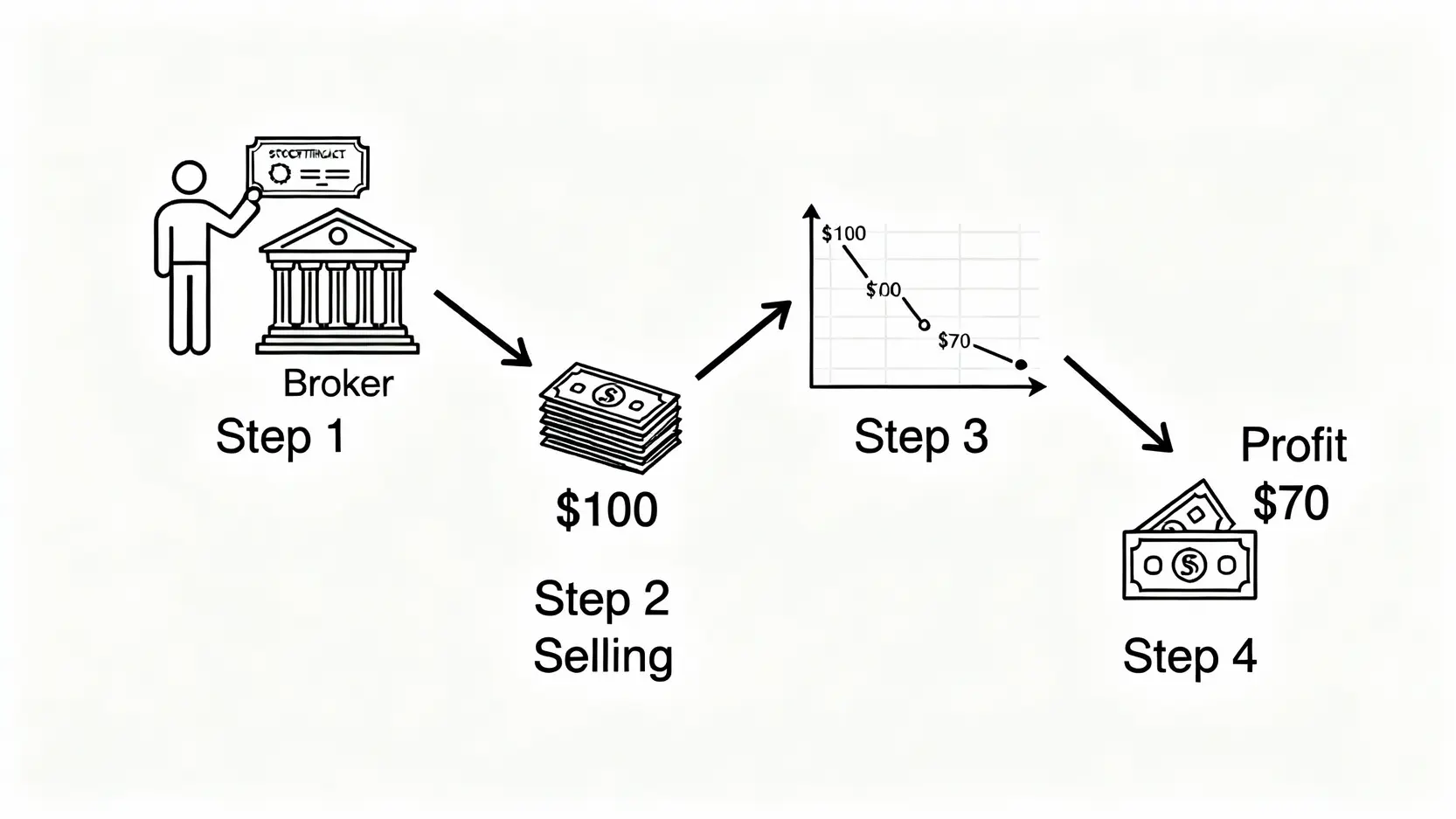 台股做空終極指南:融券、現股放空是什麼?5步驟搞懂股票放空操作 股票放空四步驟流程圖,從向券商借券、賣出股票、等待股價下跌、到最後買回股票還券賺取價差。