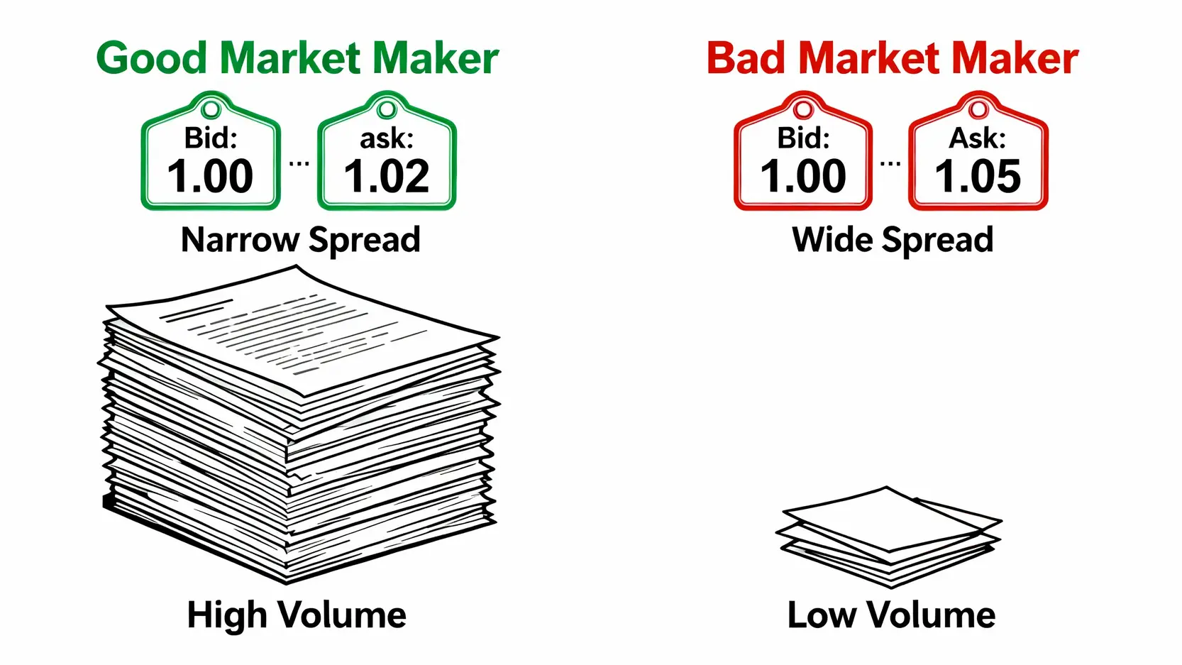 權證造市的秘密:為何你的權證沒人理?揭秘造市商不報價的5個時機! 優質與劣質權證造市商的比較圖,顯示優質券商價差小、掛單量大,而劣質券商價差大、掛單量小。