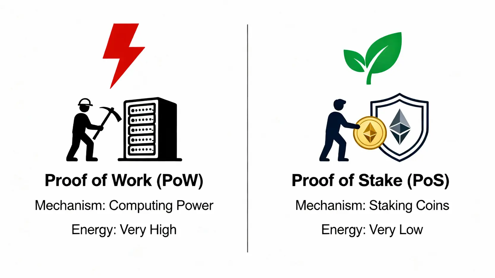 以太坊還能挖嗎?從PoW挖礦到PoS權益證明的終極指南 PoW工作量證明與PoS權益證明的對比圖,顯示了PoW依賴算力且高耗能,而PoS依賴質押且低耗能。