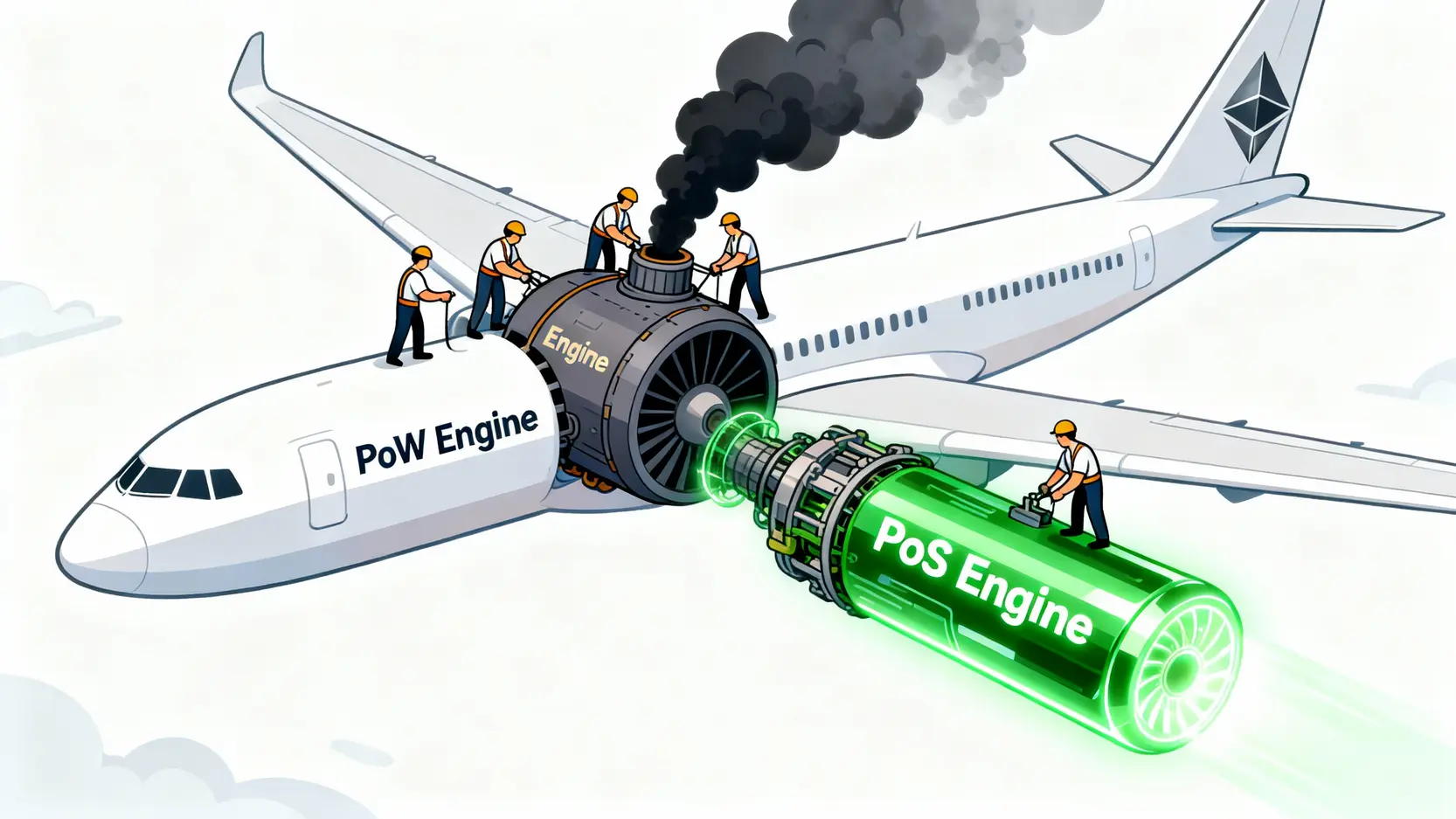 以太坊還能挖嗎?從PoW挖礦到PoS權益證明的終極指南 以太坊合併升級的概念示意圖,展示了在飛行中將耗能的PoW引擎更換為高效的PoS引擎的過程。