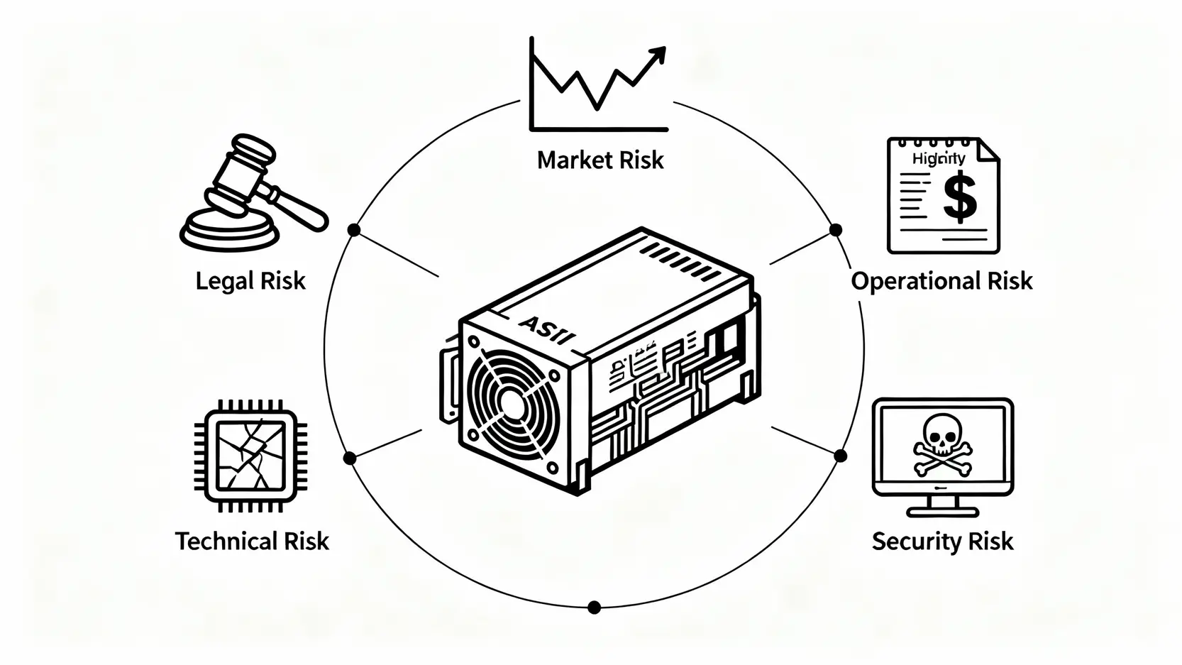 【台灣挖礦指南】挖礦合法嗎?一篇搞懂法規、5大風險與避坑策略 加密貨幣挖礦的五大風險示意圖,包含法律、市場、營運、技術、資安風險。