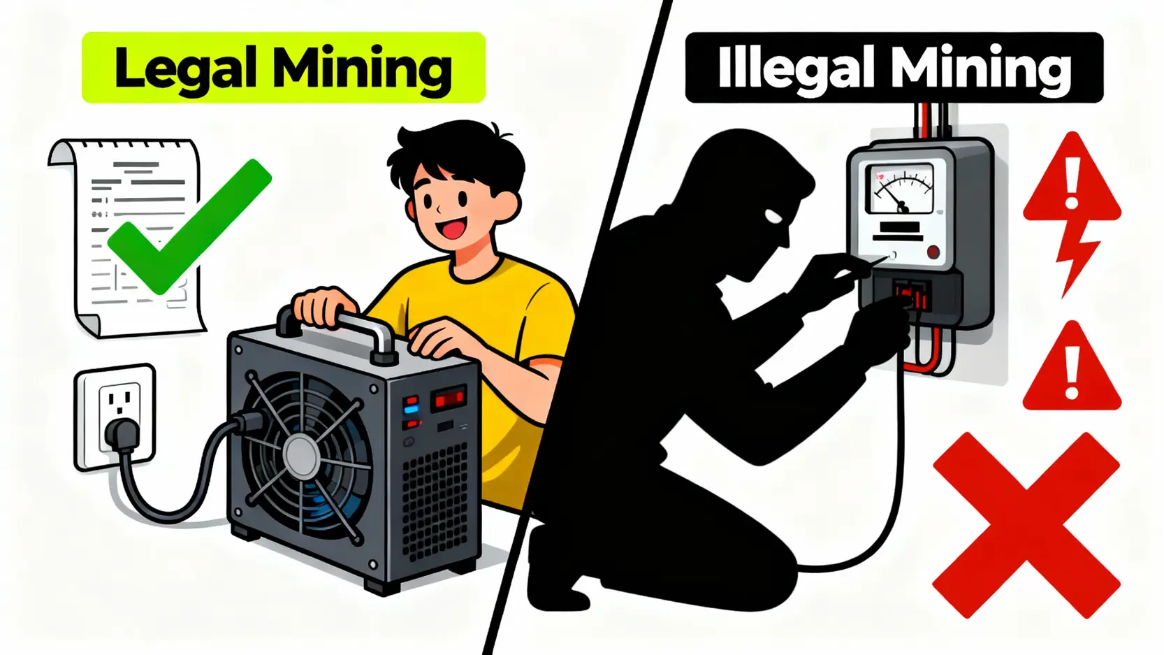 【台灣挖礦指南】挖礦合法嗎?一篇搞懂法規、5大風險與避坑策略 合法挖礦與竊電挖礦的對比圖,左邊是合法繳電費,右邊是違法偷電。