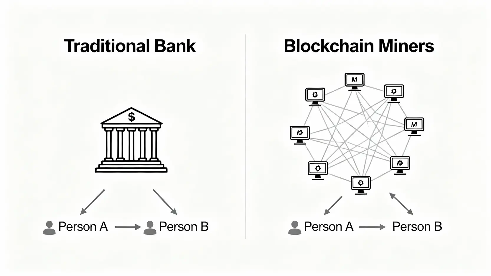 挖礦是什麼?一篇搞懂加密貨幣挖礦原理與意思【新手懶人包】 一張對比圖,左邊顯示傳統銀行中心化處理交易,右邊顯示區塊鏈礦工去中心化驗證交易。