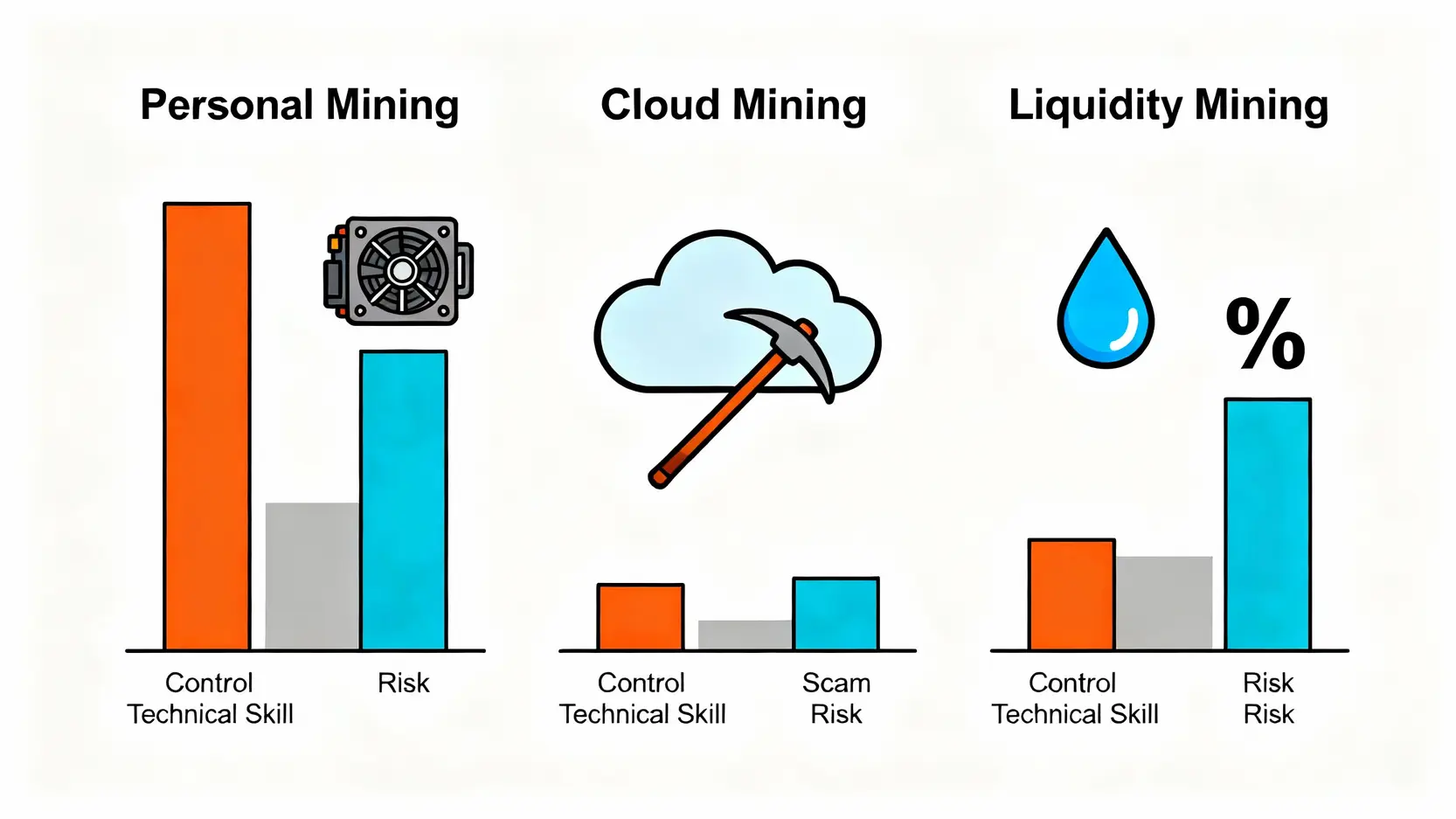 【2026挖礦教學】從0到1的挖礦入門指南,5步驟教你如何挖礦賺錢! 三種主流挖礦方法比較圖:個人挖礦、雲端挖礦與流動性挖礦在控制權、技術門檻與風險上的對比。