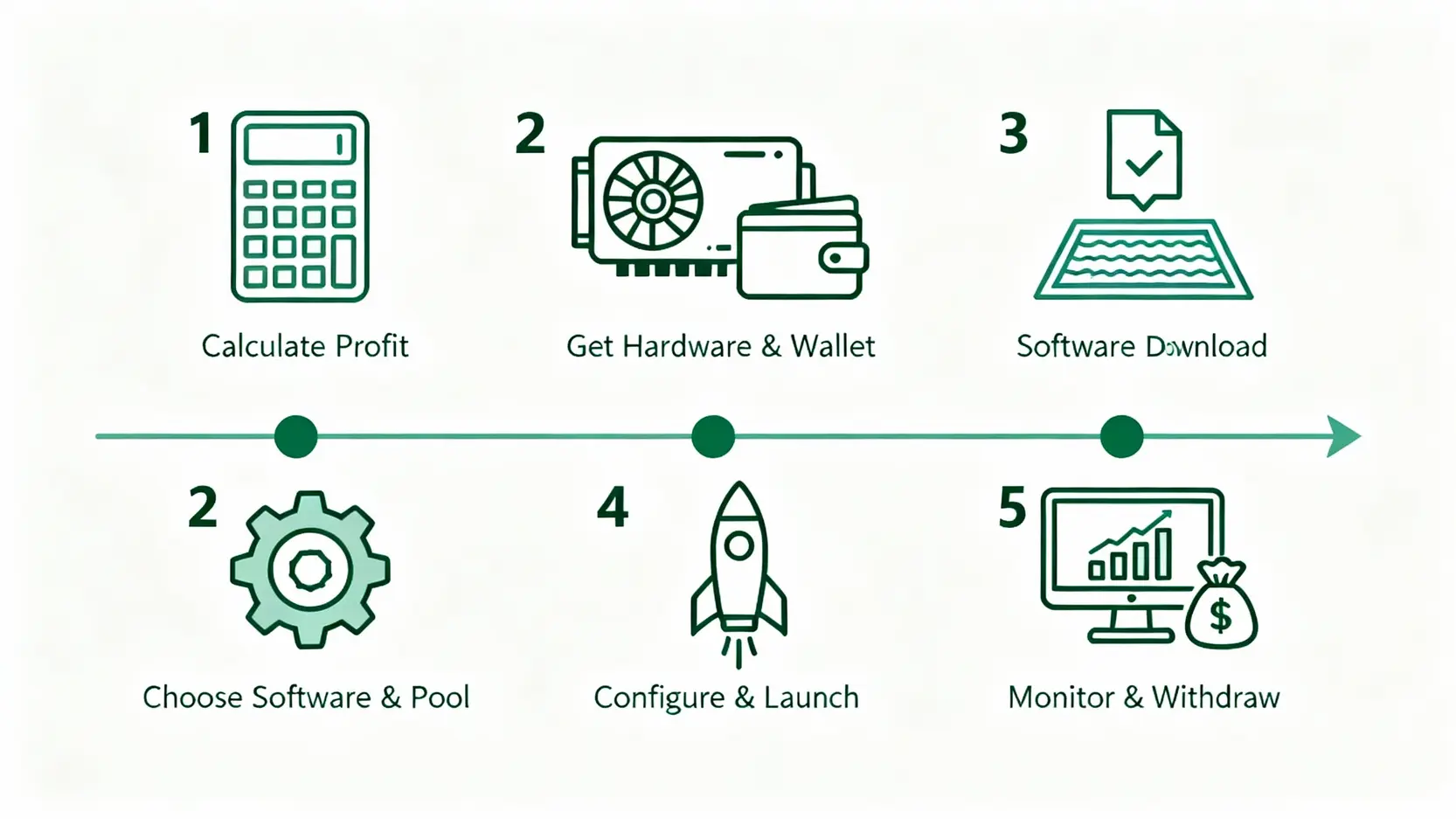 【2026挖礦教學】從0到1的挖礦入門指南,5步驟教你如何挖礦賺錢! GPU挖礦五步驟教學流程圖,從評估收益到成功出金的完整過程。