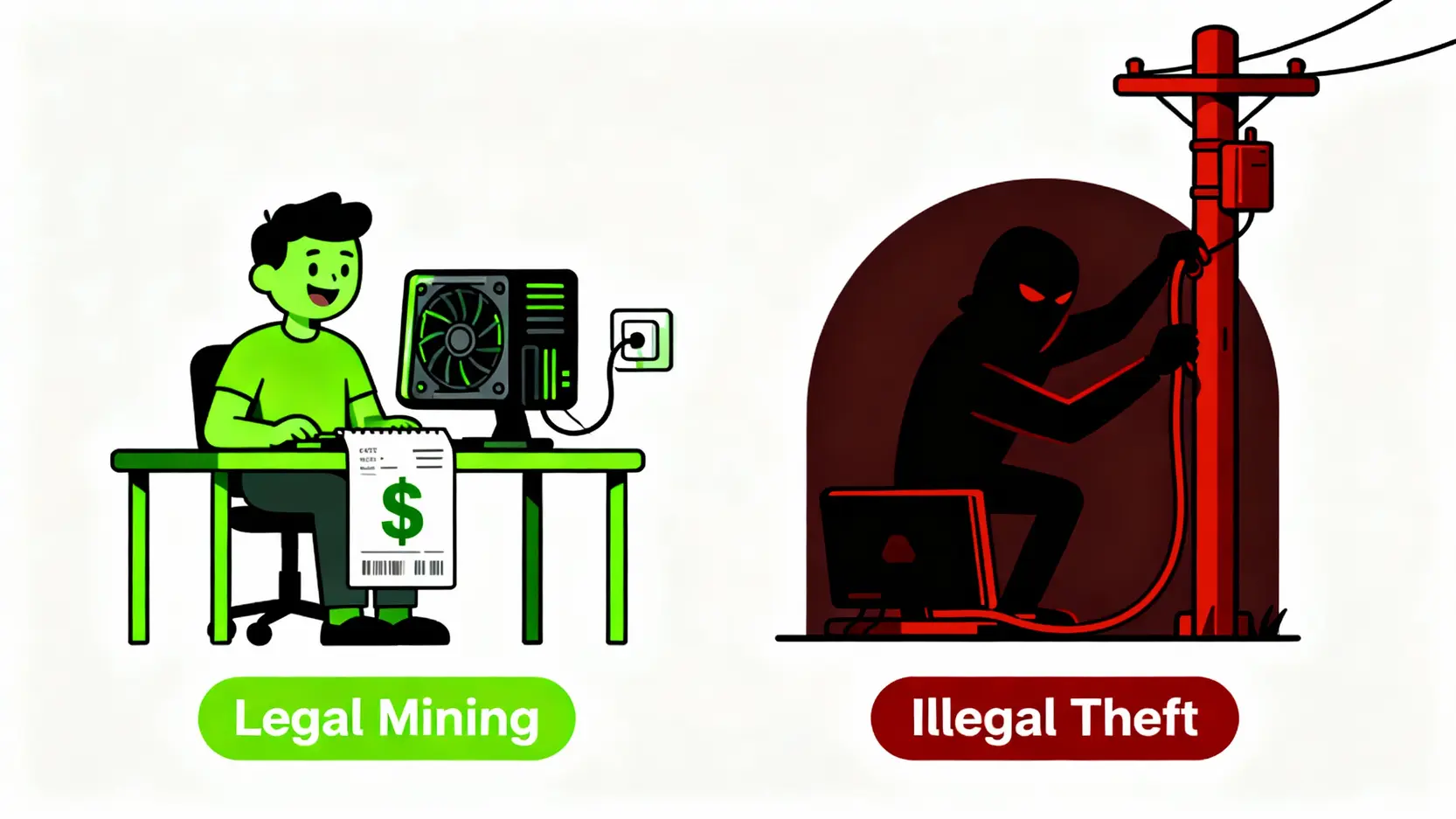 挖礦合法嗎?2026台灣挖礦法規、稅務申報一篇搞懂 一張圖解釋合法挖礦與竊電挖礦的區別,左邊是合法支付電費挖礦,右邊是違法竊取電力挖礦。