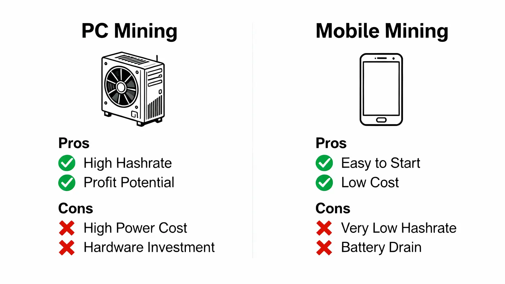 【2026挖礦軟體推薦】Top5最佳挖礦軟體評比與完整設定教學 PC挖礦與手機挖礦的優缺點對比圖。