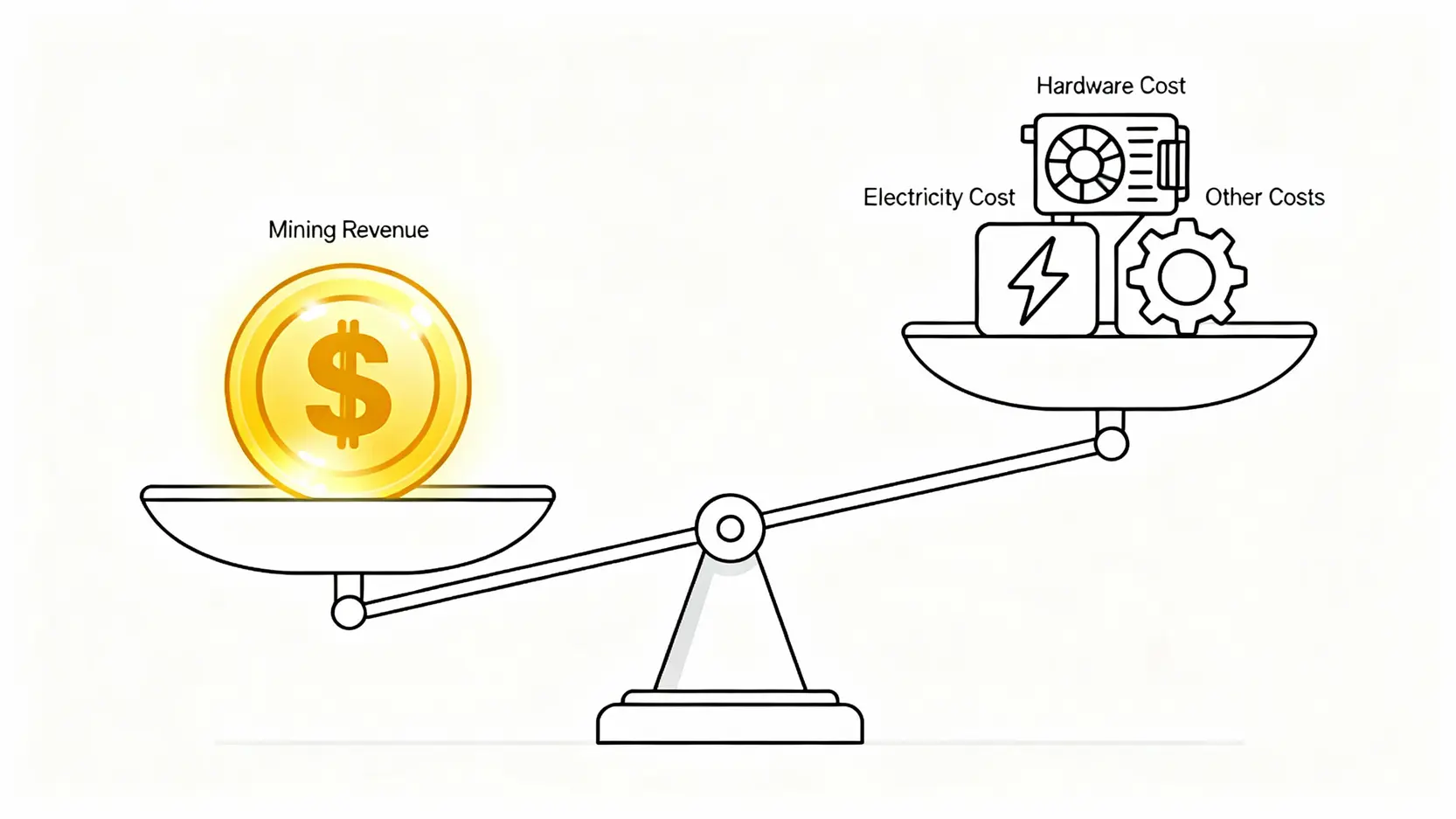 新手挖礦教學:5個關鍵步驟從零開始,一篇搞懂挖礦流程與賺錢技巧 挖礦盈利評估天平圖,左邊為挖礦總收益,右邊為硬體、電力等總成本。