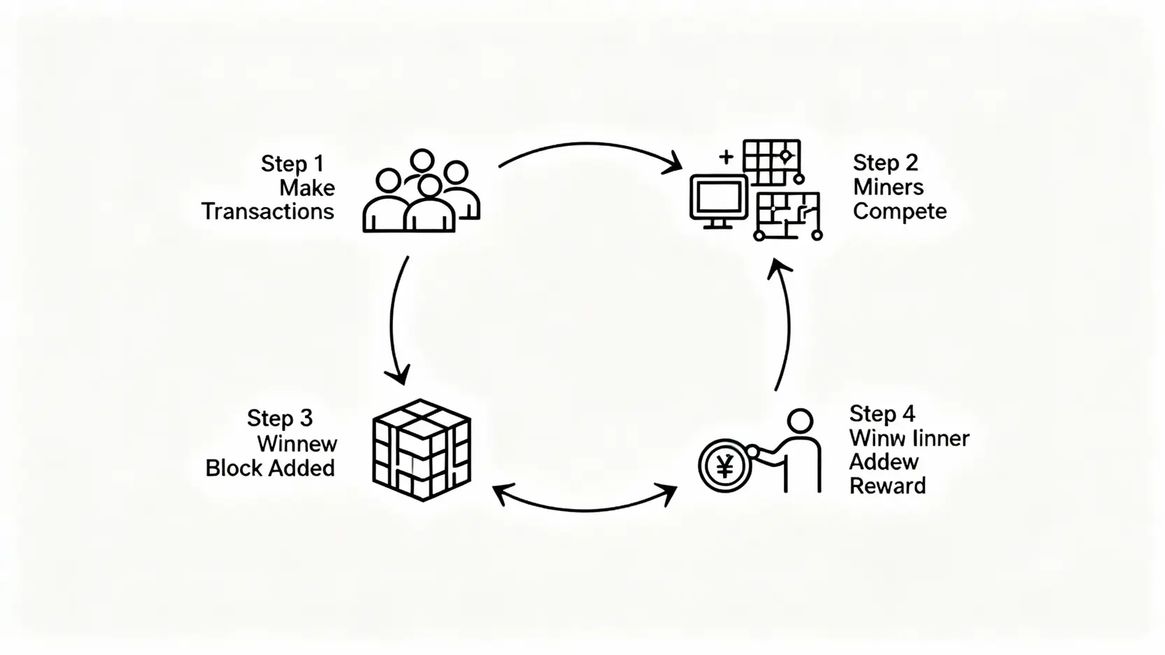 新手挖礦教學:5個關鍵步驟從零開始,一篇搞懂挖礦流程與賺錢技巧 工作量證明(Proof-of-Work)挖礦原理示意圖,展示了交易、礦工競爭、添加區塊與獲得獎勵的流程。