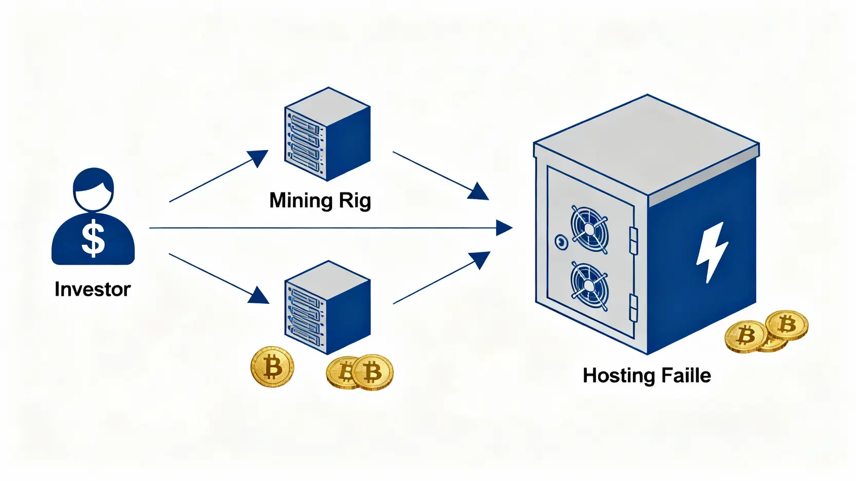 礦機託管費用大解析:5大挖礦託管服務比較,省錢避坑看這篇! 礦機託管運作模式示意圖,顯示投資者將礦機交給專業礦場管理並獲取收益的流程。