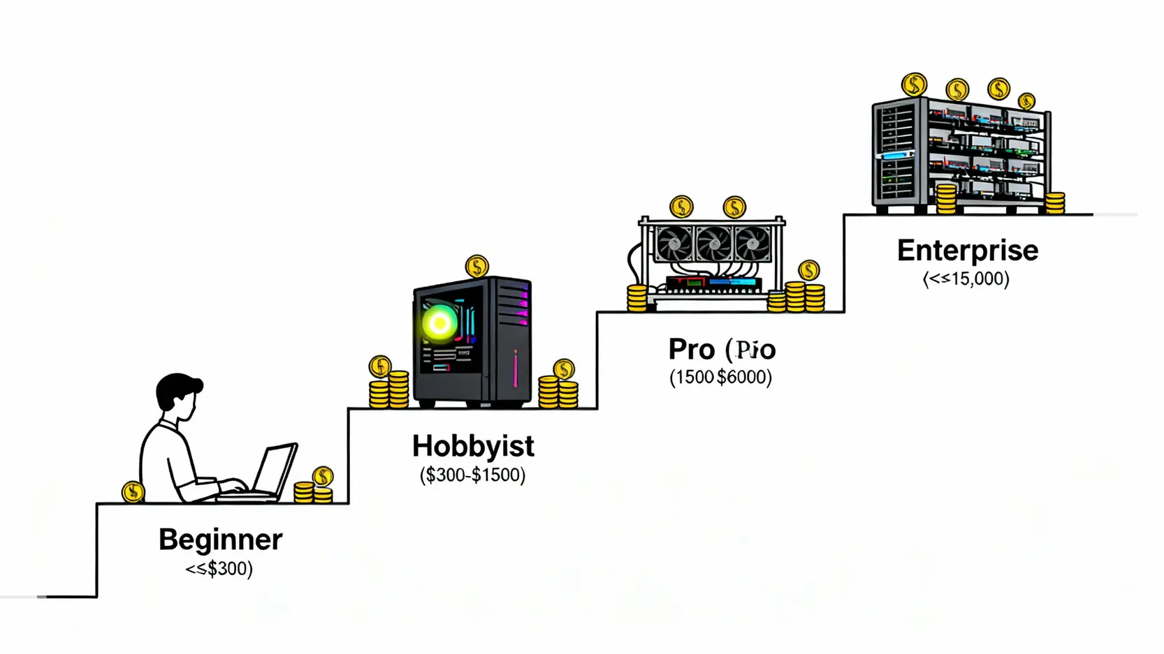 挖礦硬體終極指南:ASIC、GPU、CPU礦機優缺點、成本與回報全解析 加密貨幣挖礦的四個投資級距示意圖,從初學者使用CPU到企業級使用ASIC礦機。
