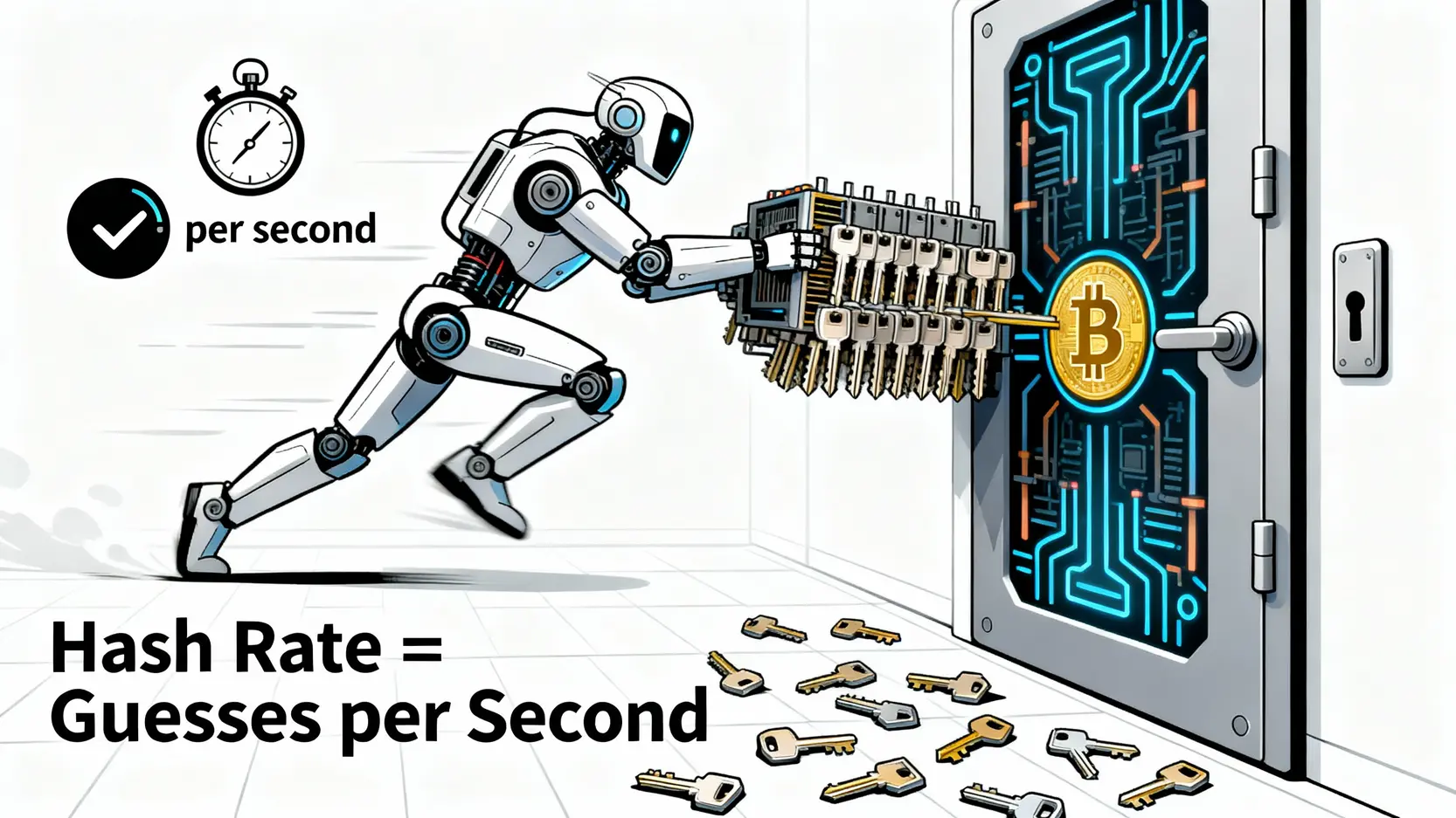 挖礦硬體終極指南:ASIC、GPU、CPU礦機優缺點、成本與回報全解析 一張圖解釋什麼是算力(Hash Rate),圖中一個機器人正高速嘗試用多把鑰匙解開一個數位鎖。